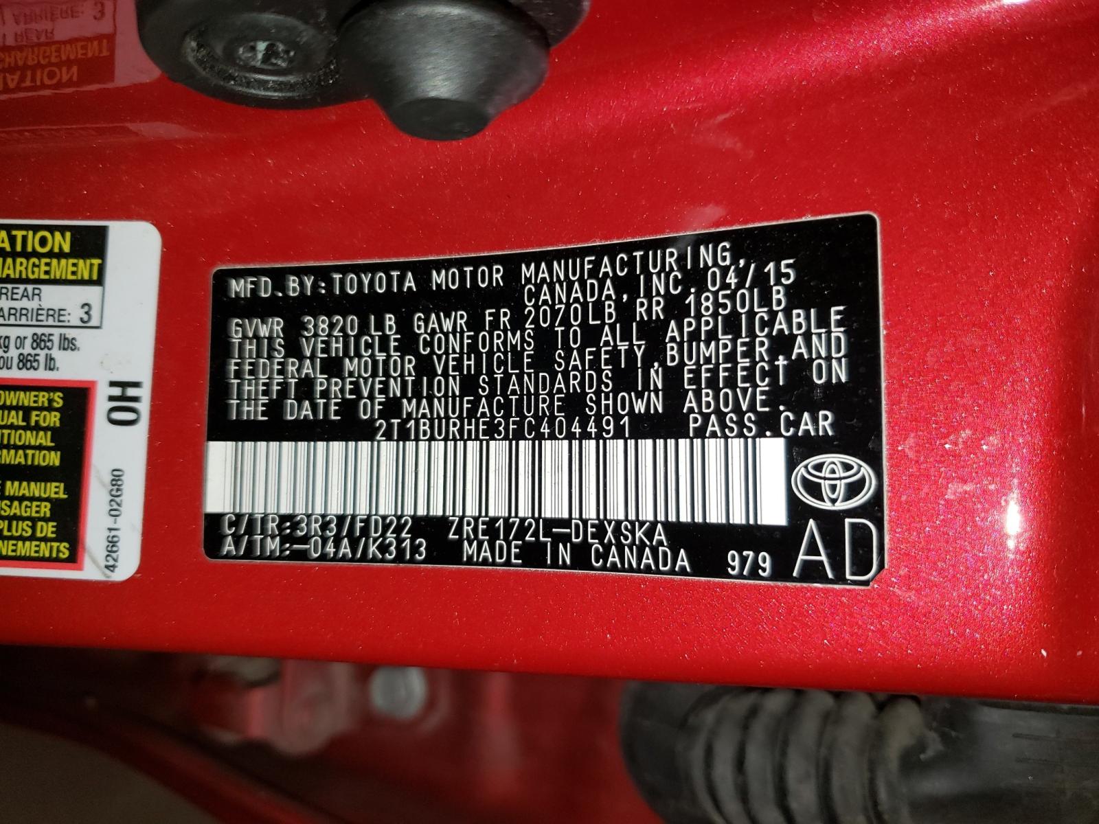 Photo 10 from auction – 2015 TOYOTA COROLLA L with VIN 2T1BURHE3FC404491