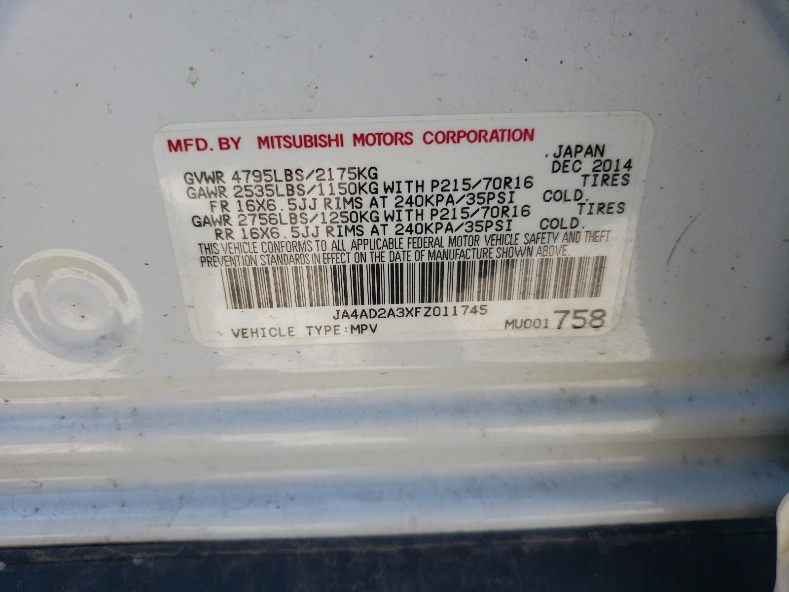 Photo 10 from auction – 2015 MITSUBISHI OUTLANDER with VIN JA4AD2A3XFZ011745
