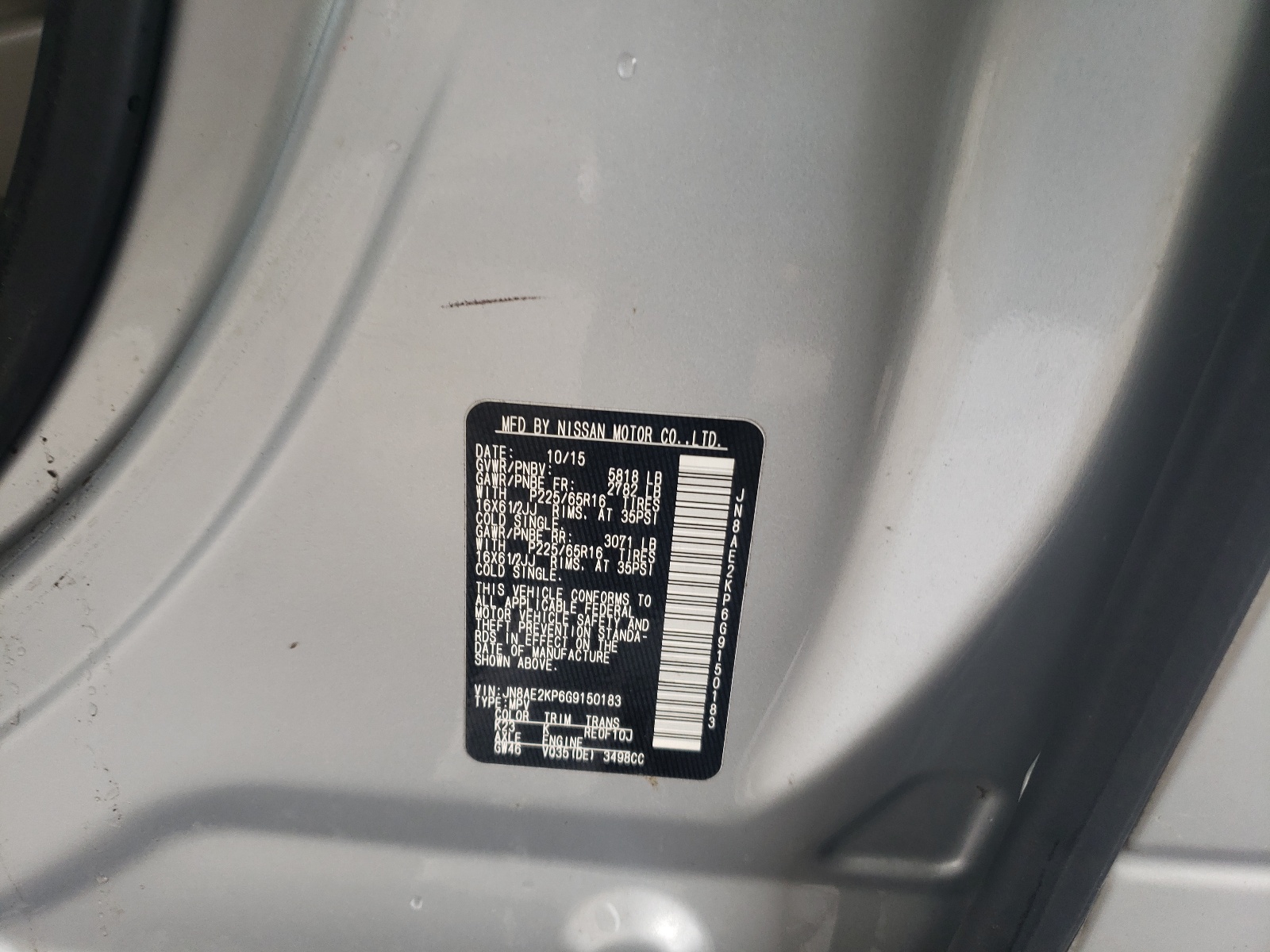 Photo 10 from auction – 2016 NISSAN QUEST S with VIN JN8AE2KP6G9150183
