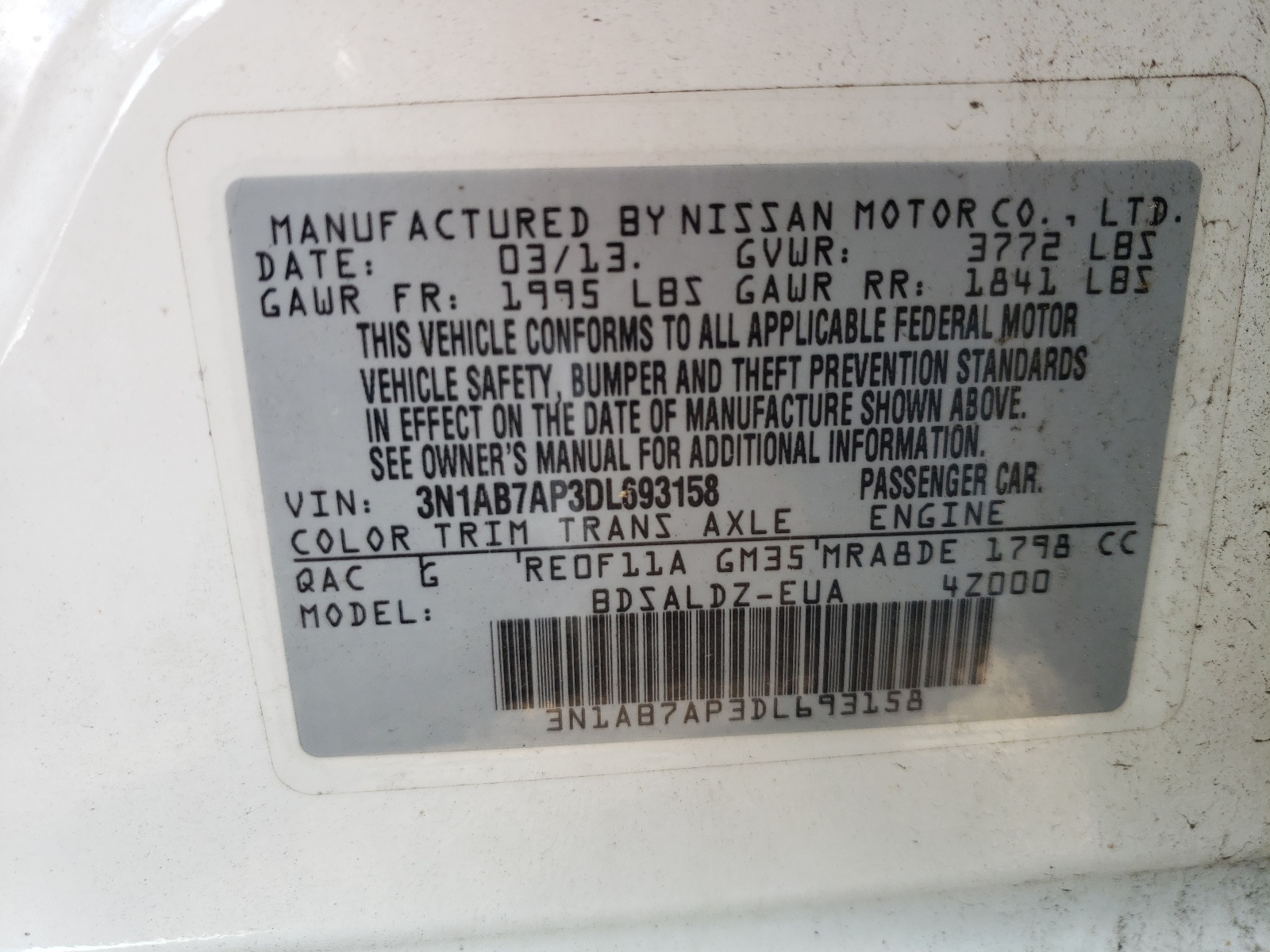 Photo 10 from auction – 2013 NISSAN SENTRA S with VIN 3N1AB7AP3DL693158