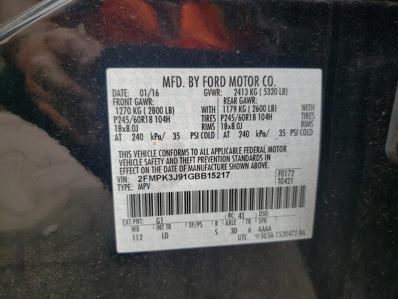 Photo 10 from auction – 2016 FORD EDGE SEL with VIN 2FMPK3J91GBB15217