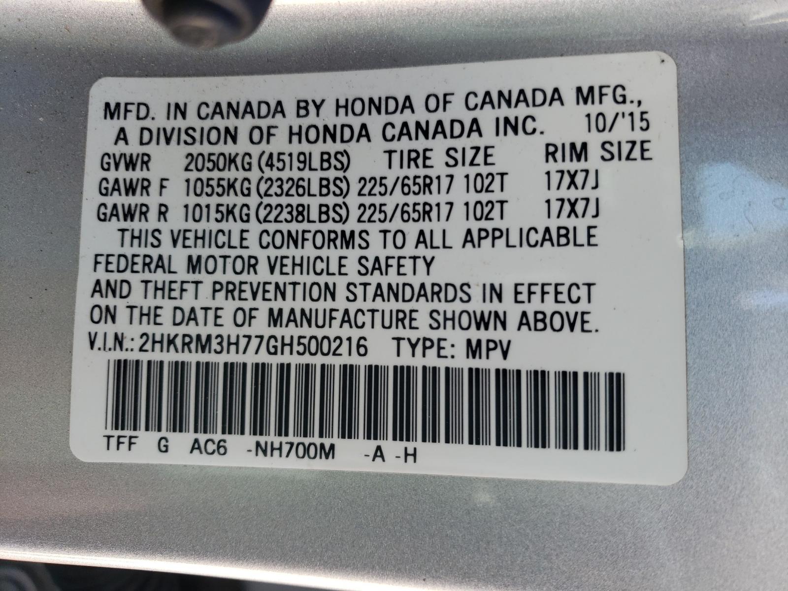 Photo 10 from auction – 2016 HONDA CR-V EXL with VIN 2HKRM3H77GH500216
