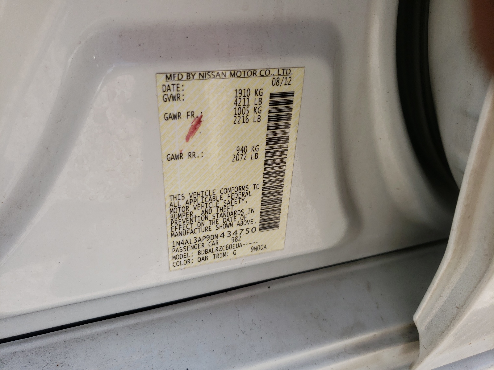 Photo 10 from auction – 2013 NISSAN ALTIMA 2.5 with VIN 1N4AL3AP9DN434750
