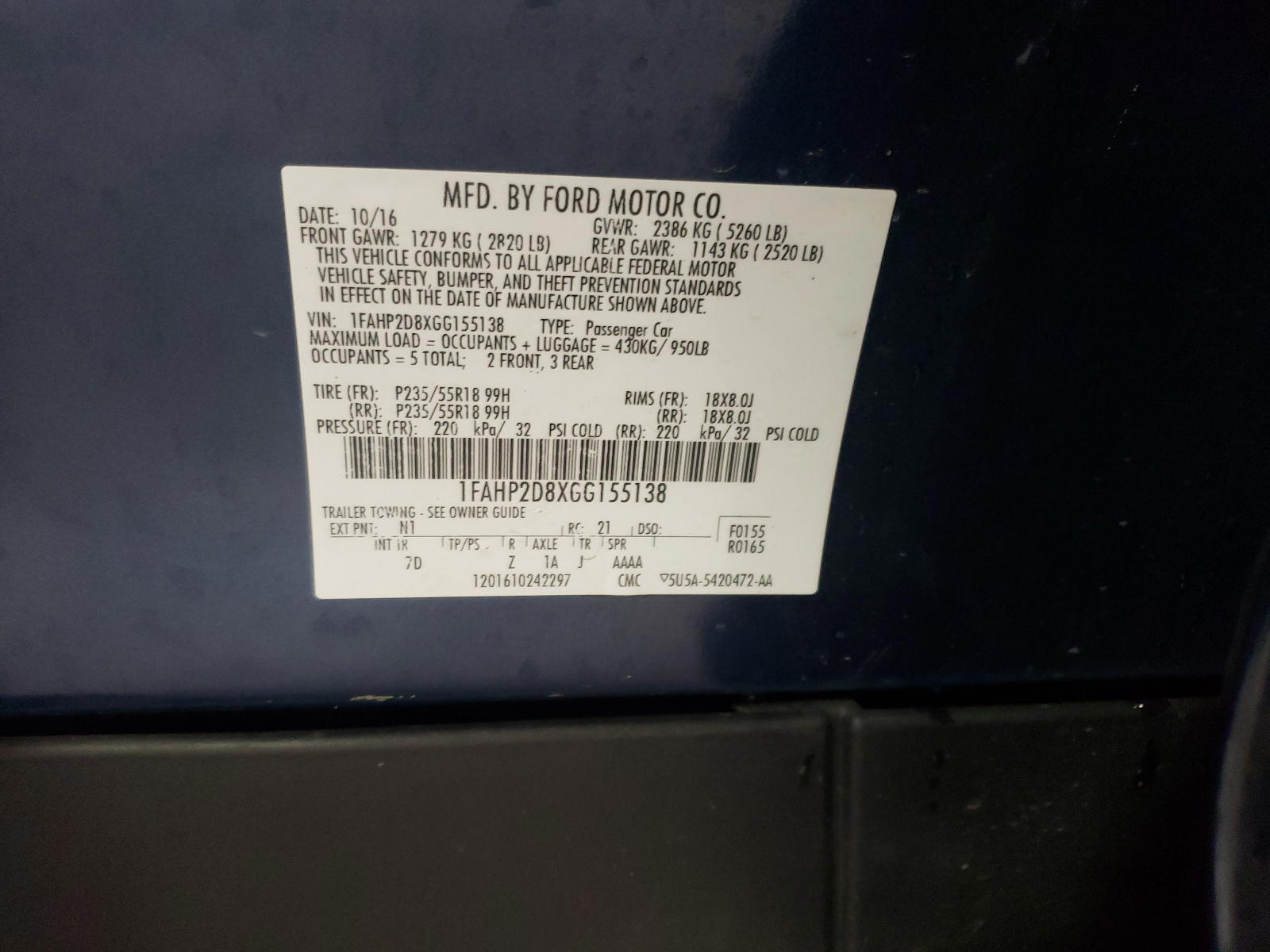 Photo 10 from auction – 2016 FORD TAURUS SE with VIN 1FAHP2D8XGG155138