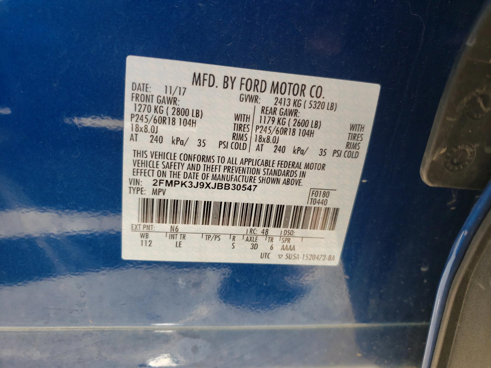 Photo 10 from auction – 2018 FORD EDGE SEL with VIN 2FMPK3J9XJBB30547