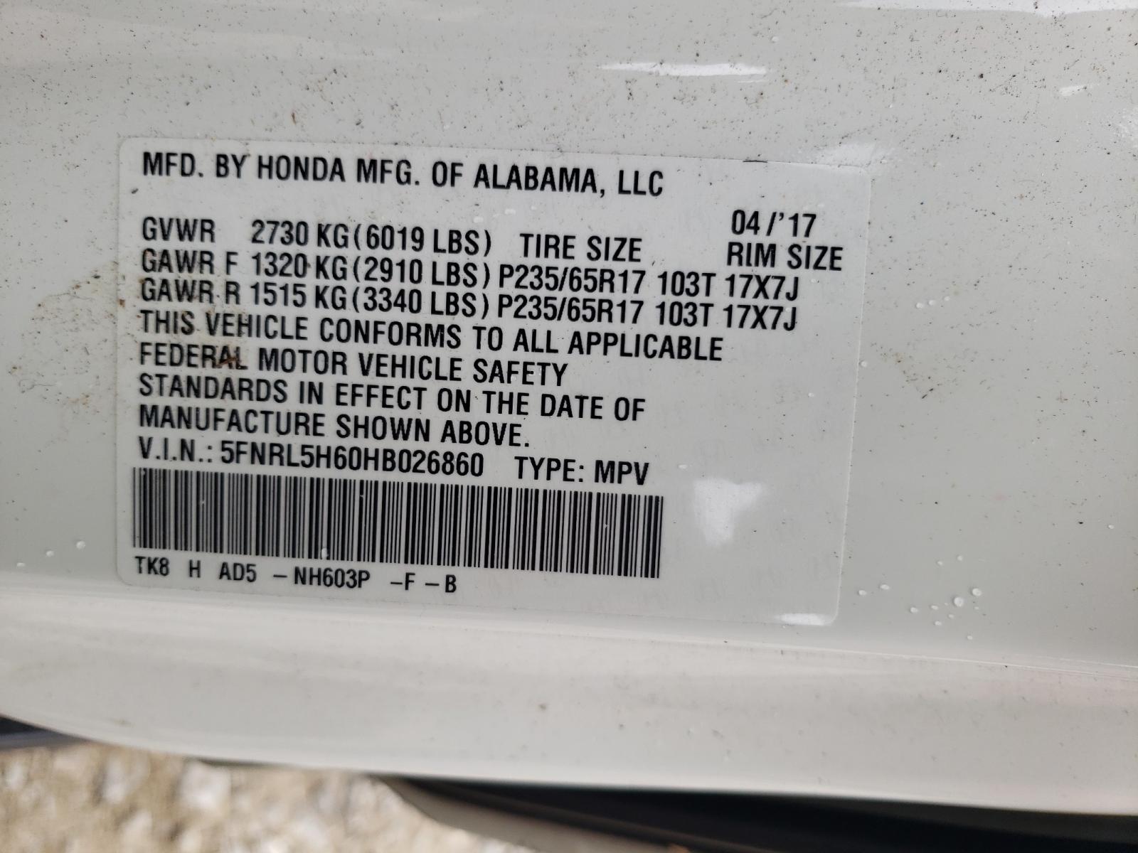 Photo 10 from auction – 2017 HONDA ODYSSEY EX with VIN 5FNRL5H60HB026860