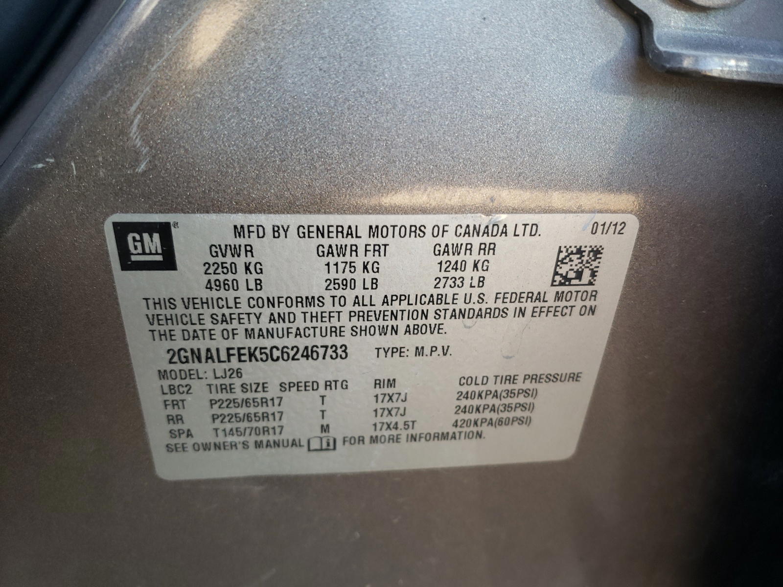 Photo 10 from auction – 2012 CHEVROLET EQUINOX LT with VIN 2GNALFEK5C6246733