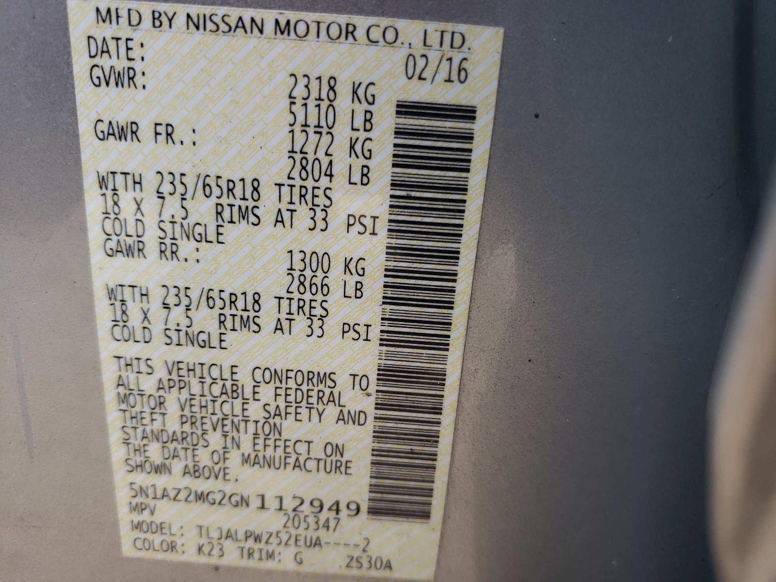 Photo 10 from auction – 2016 NISSAN MURANO S with VIN 5N1AZ2MG2GN112949