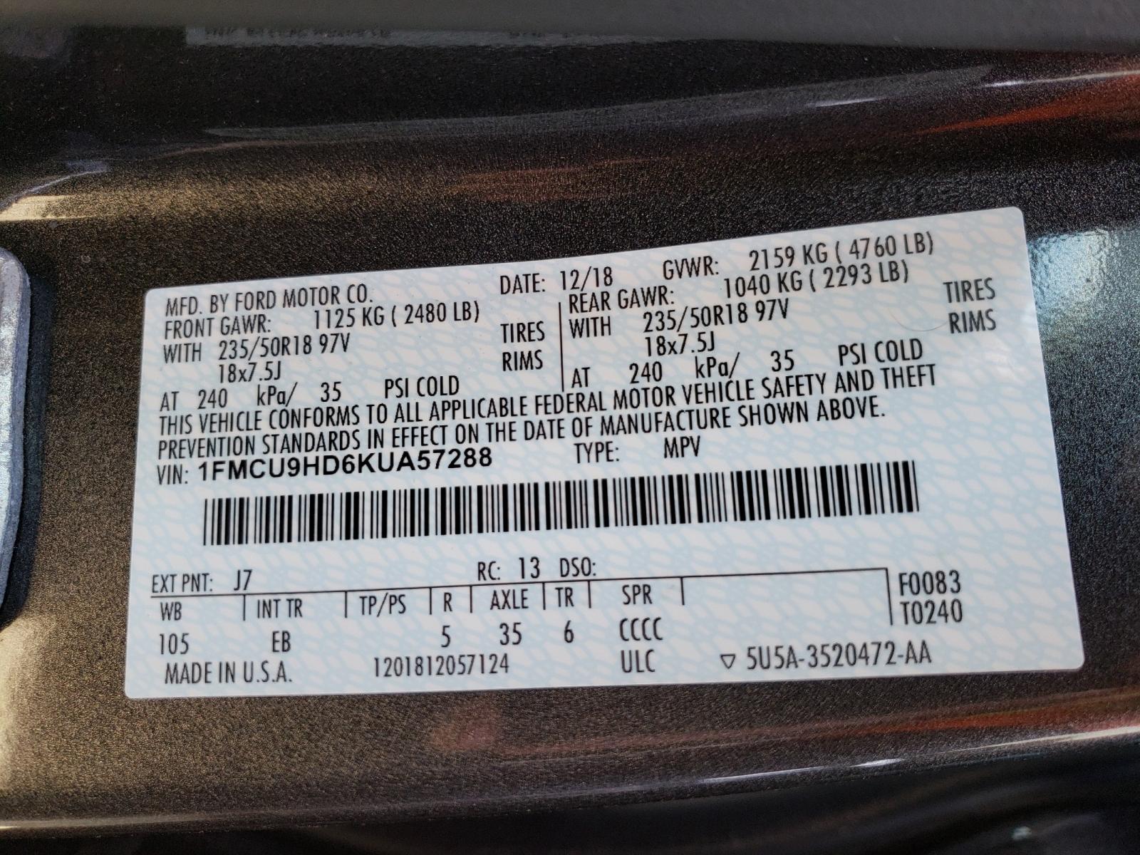 Photo 10 from auction – 2019 FORD ESCAPE SEL with VIN 1FMCU9HD6KUA57288