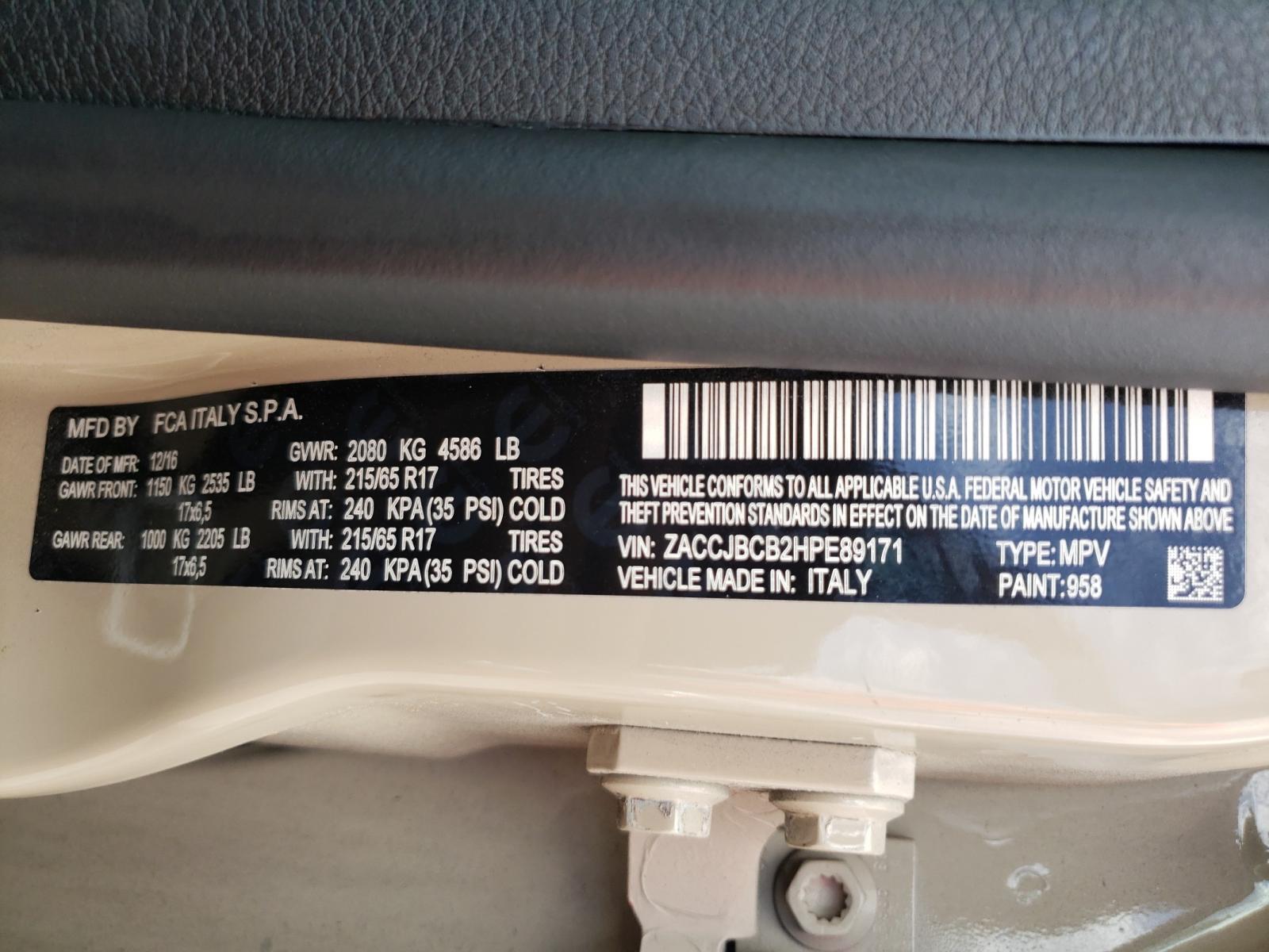 Photo 10 from auction – 2017 JEEP RENEGADE T with VIN ZACCJBCB2HPE89171