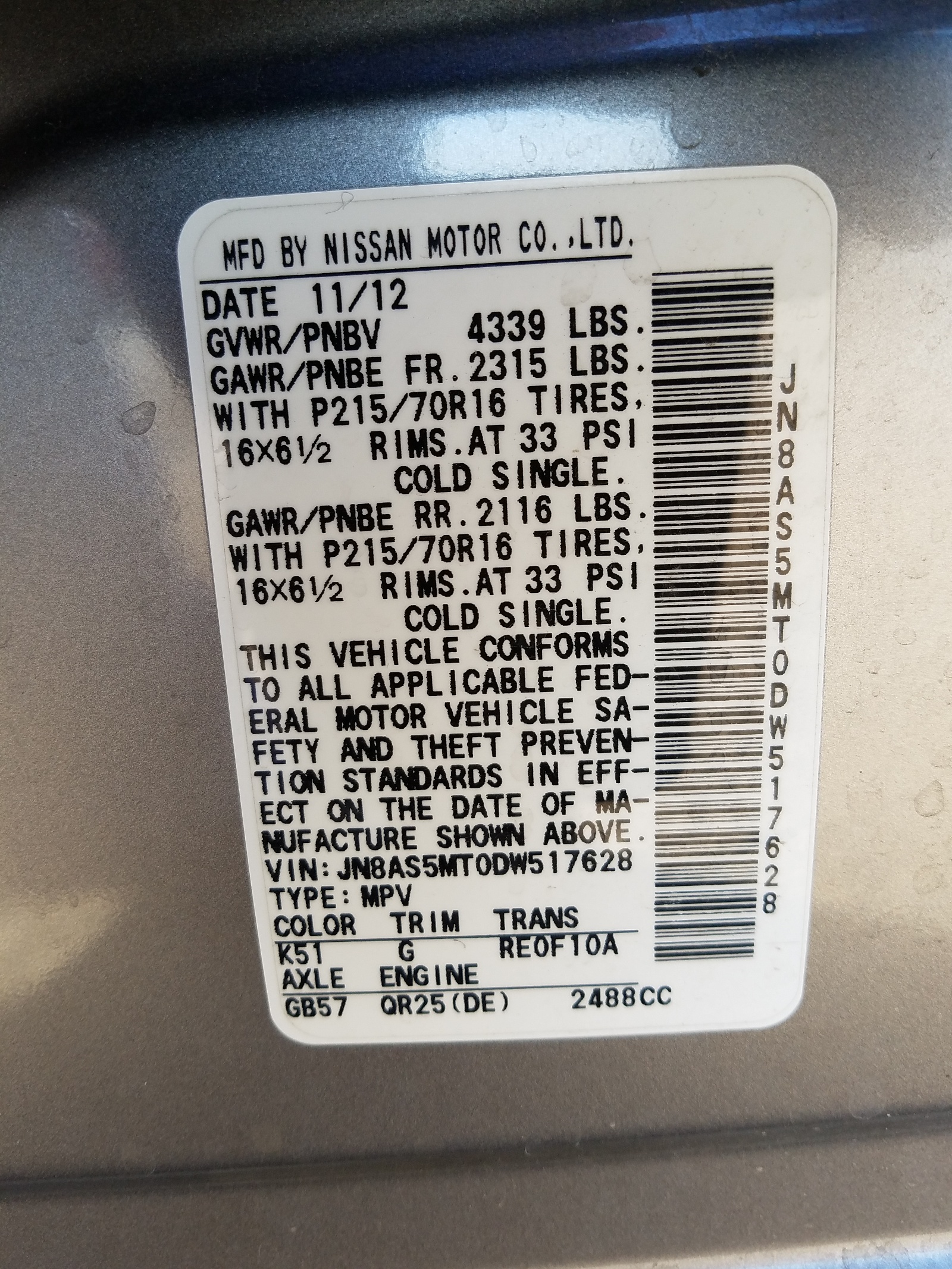 Photo 10 from auction – 2013 NISSAN ROGUE S with VIN JN8AS5MT0DW517628