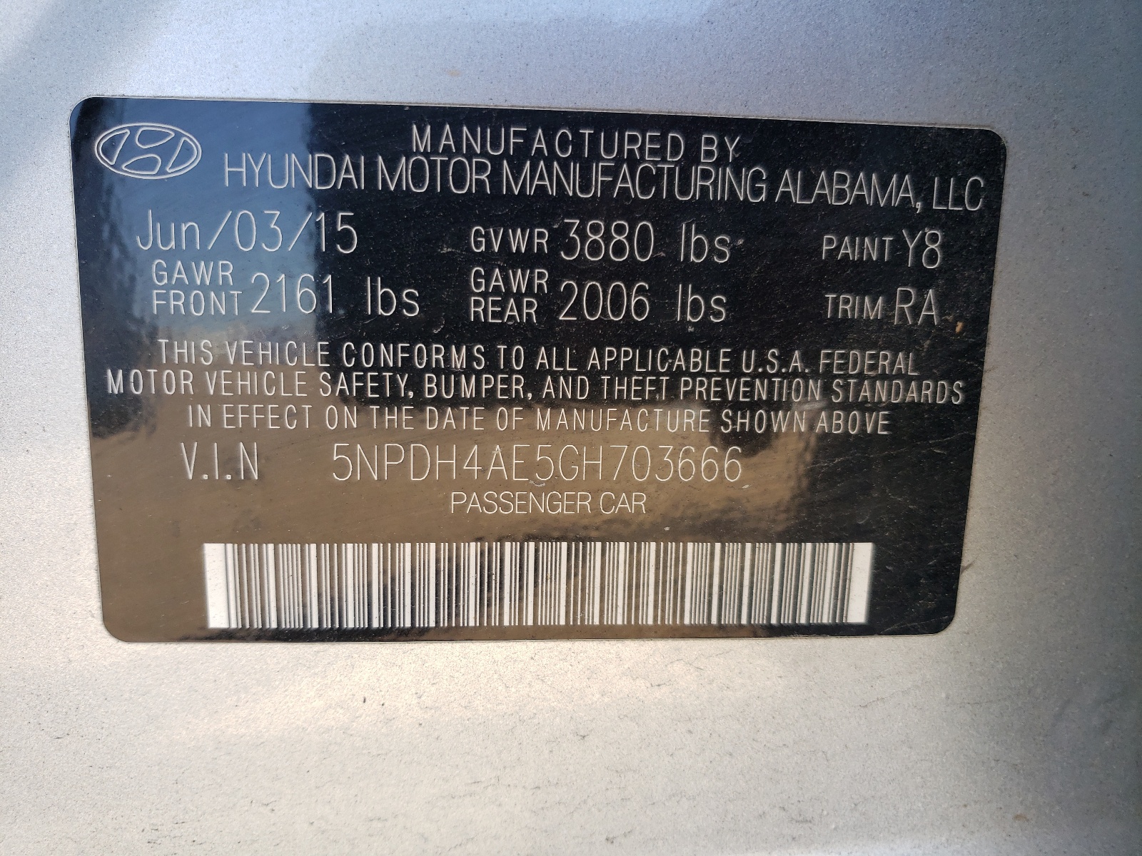 Photo 10 from auction – 2016 HYUNDAI ELANTRA SE with VIN 5NPDH4AE5GH703666