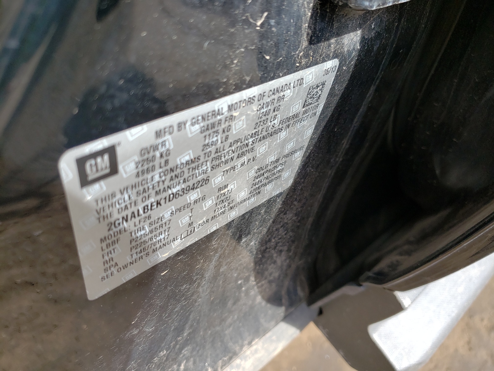 Photo 10 from auction – 2013 CHEVROLET EQUINOX LS with VIN 2GNALBEK1D6394226