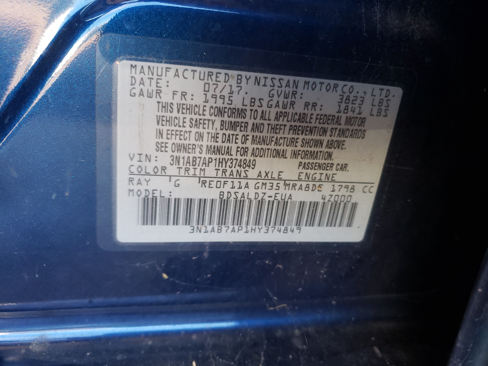 Photo 10 from auction – 2017 NISSAN SENTRA S with VIN 3N1AB7AP1HY374849