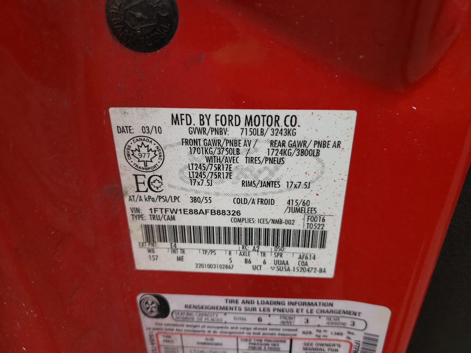 Photo 10 from auction – 2010 FORD F150 SUPER with VIN 1FTFW1E88AFB88326
