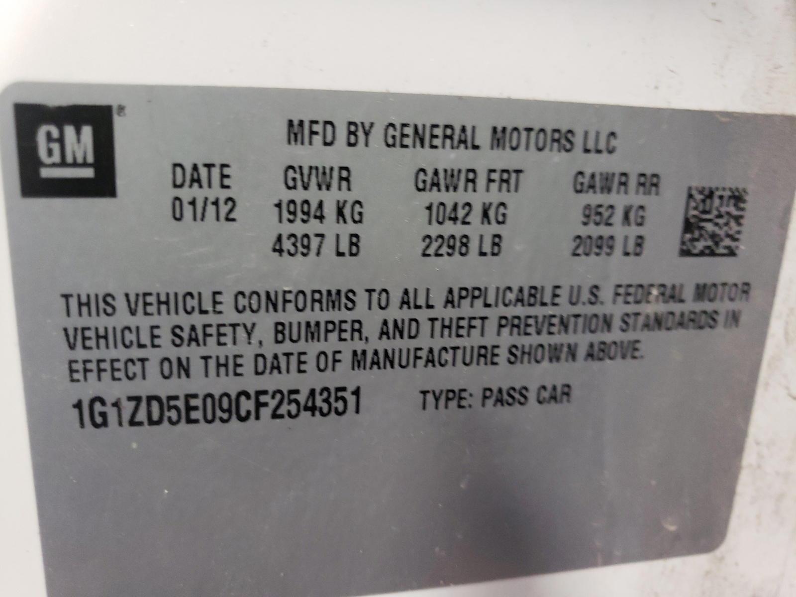 Photo 10 from auction – 2012 CHEVROLET MALIBU 2LT with VIN 1G1ZD5E09CF254351