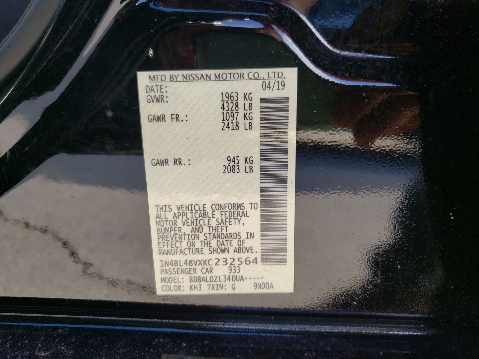 Photo 10 from auction – 2019 NISSAN ALTIMA S with VIN 1N4BL4BVXKC232564