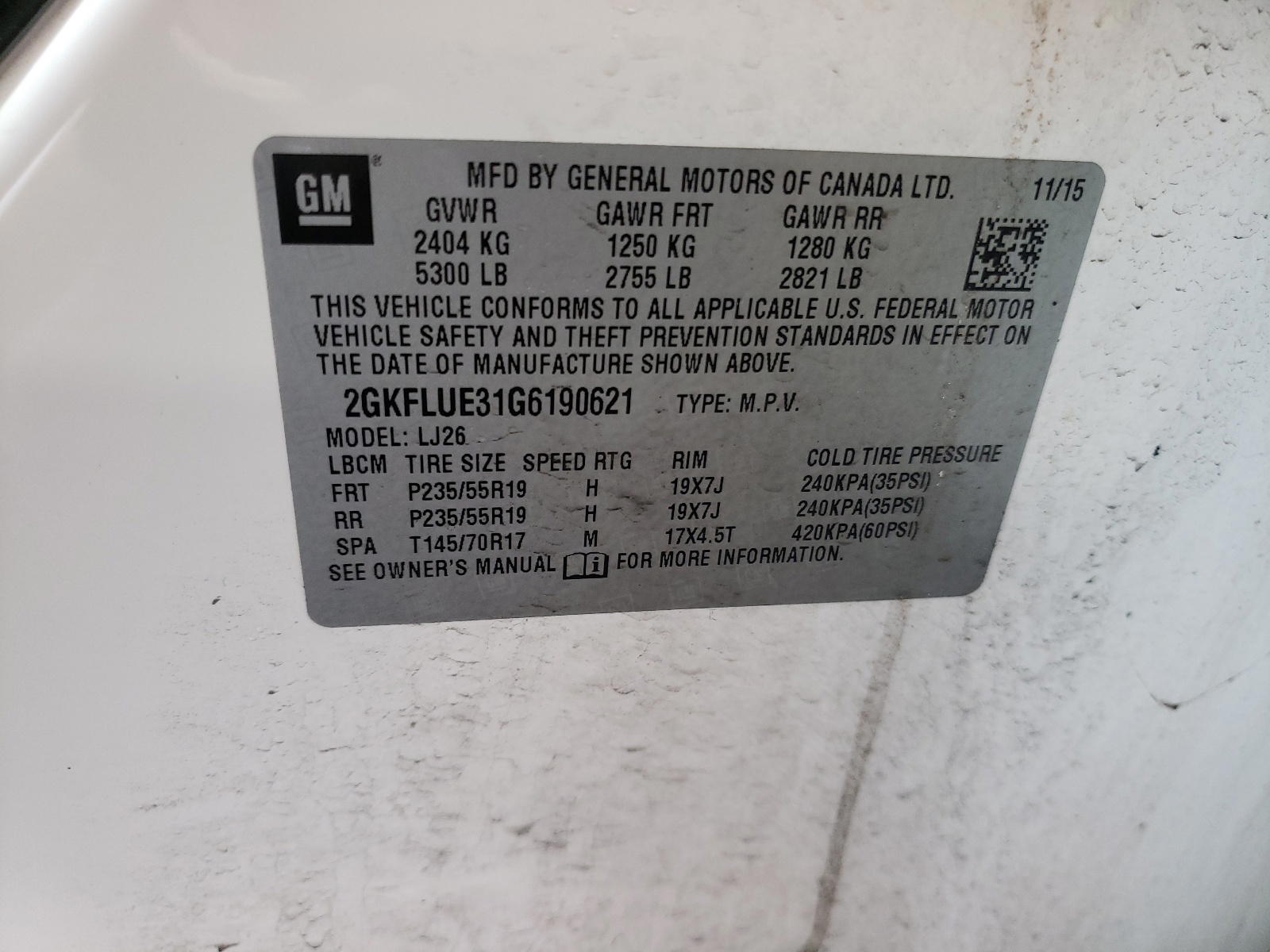 Photo 10 from auction – 2016 GMC TERRAIN SL with VIN 2GKFLUE31G6190621