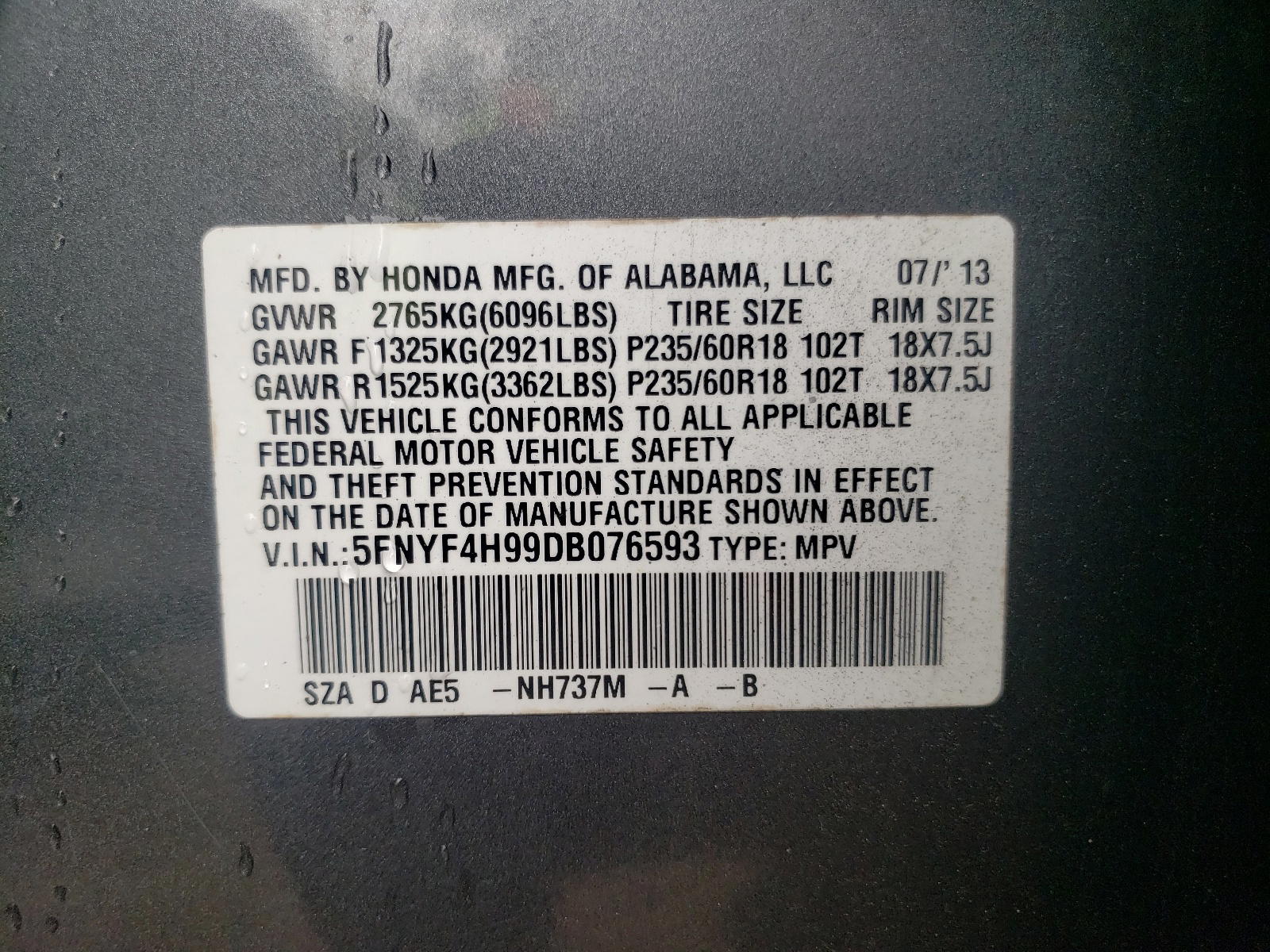Photo 10 from auction – 2013 HONDA PILOT TOUR with VIN 5FNYF4H99DB076593