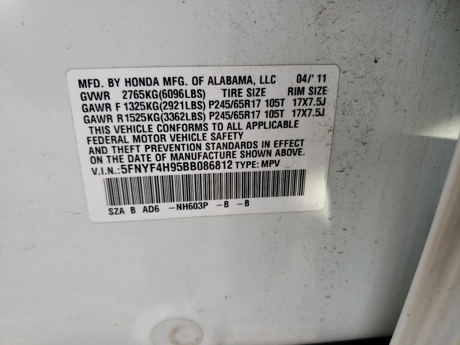 Photo 10 from auction – 2011 HONDA PILOT TOUR with VIN 5FNYF4H95BB086812