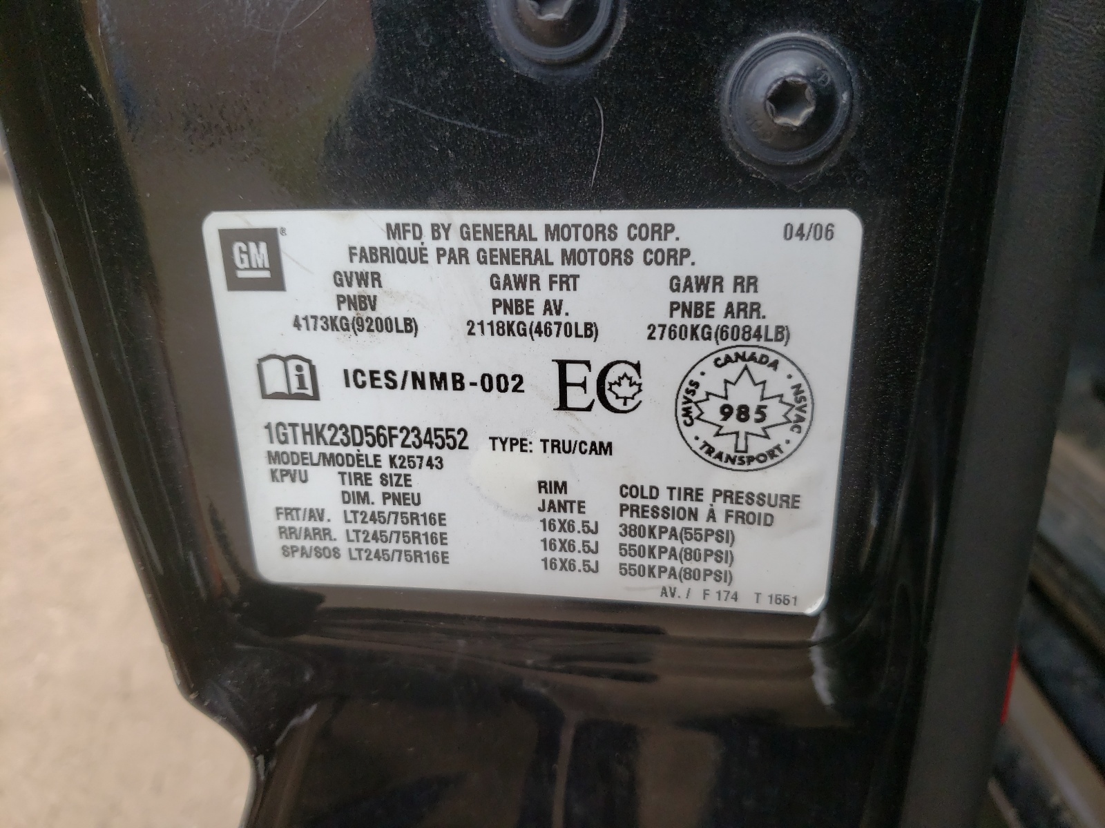 Photo 10 from auction – 2006 GMC SIERRA K25 with VIN 1GTHK23D56F234552