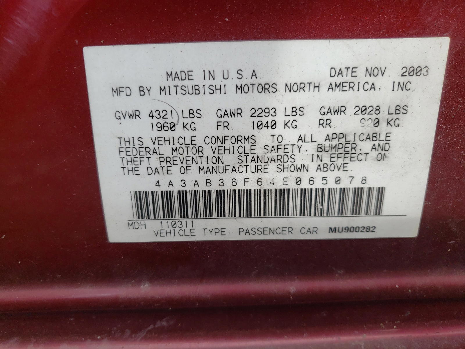 Photo 10 from auction – 2004 MITSUBISHI GALANT with VIN 4A3AB36F64E065078