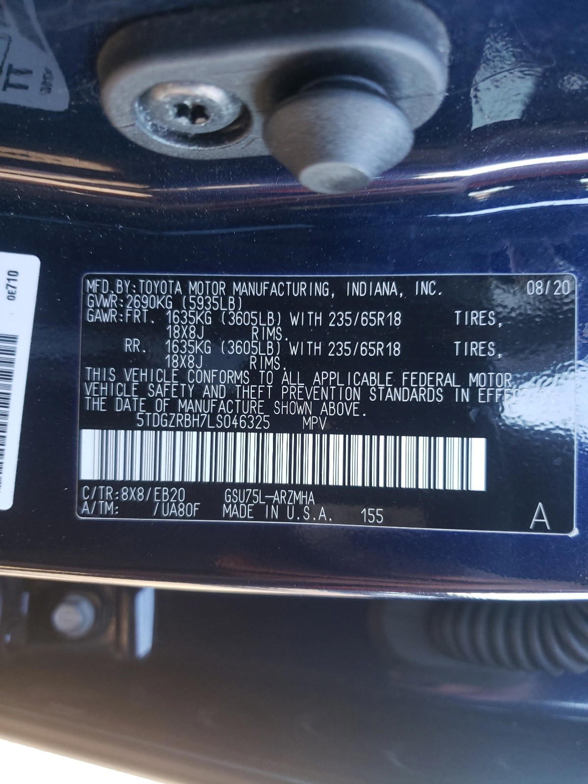 Photo 10 from auction – 2020 TOYOTA HIGHLANDER with VIN 5TDGZRBH7LS046325