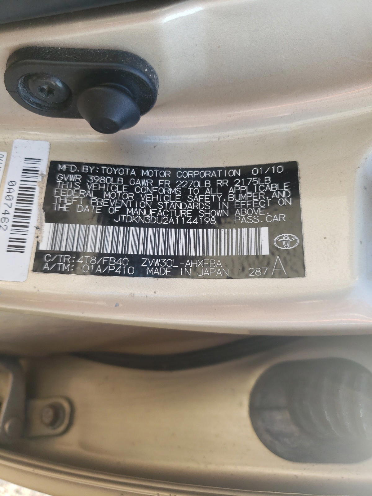 Photo 10 from auction – 2010 TOYOTA PRIUS with VIN JTDKN3DU2A1144198