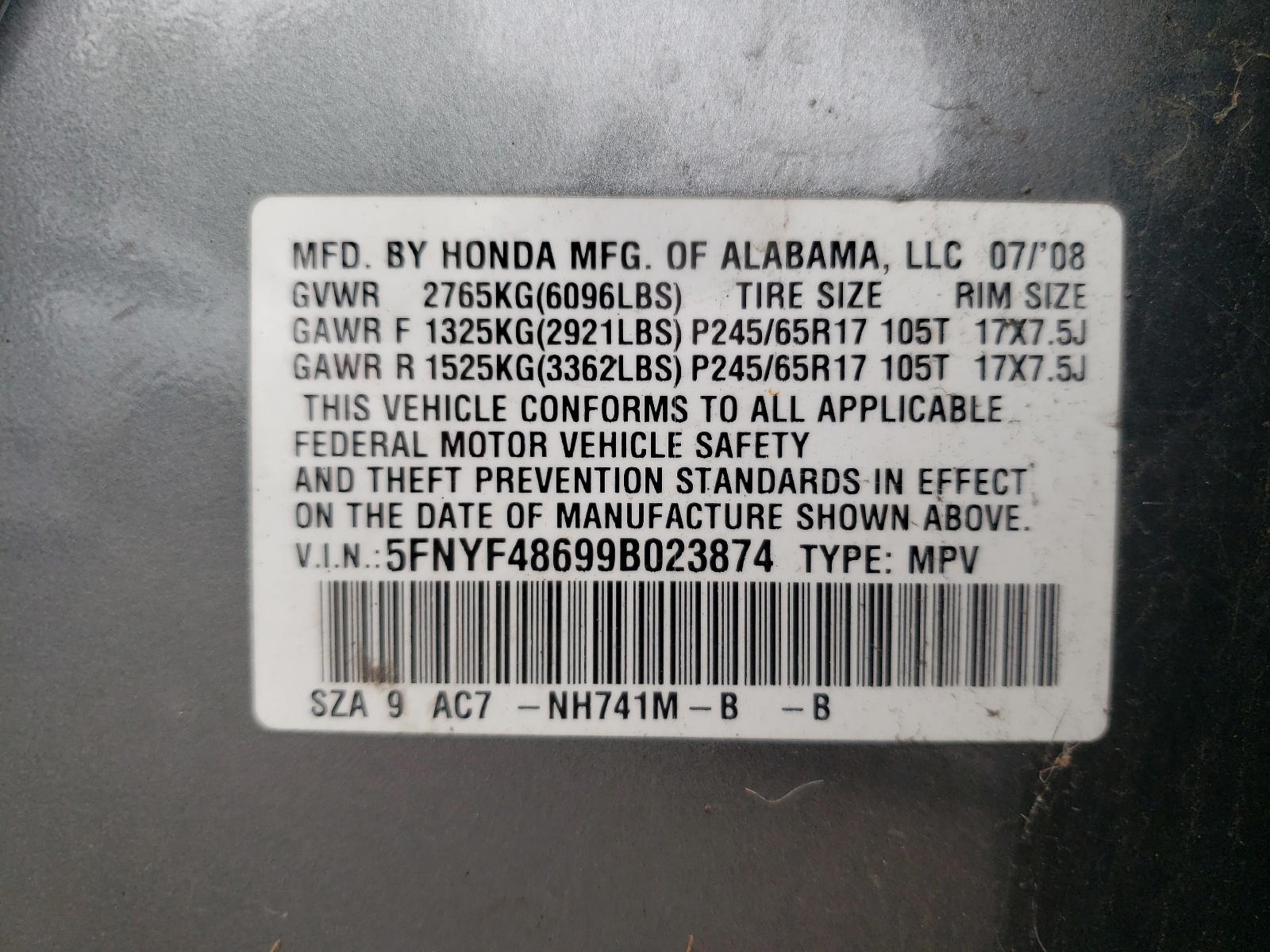 Photo 10 from auction – 2009 HONDA PILOT EXL with VIN 5FNYF48699B023874