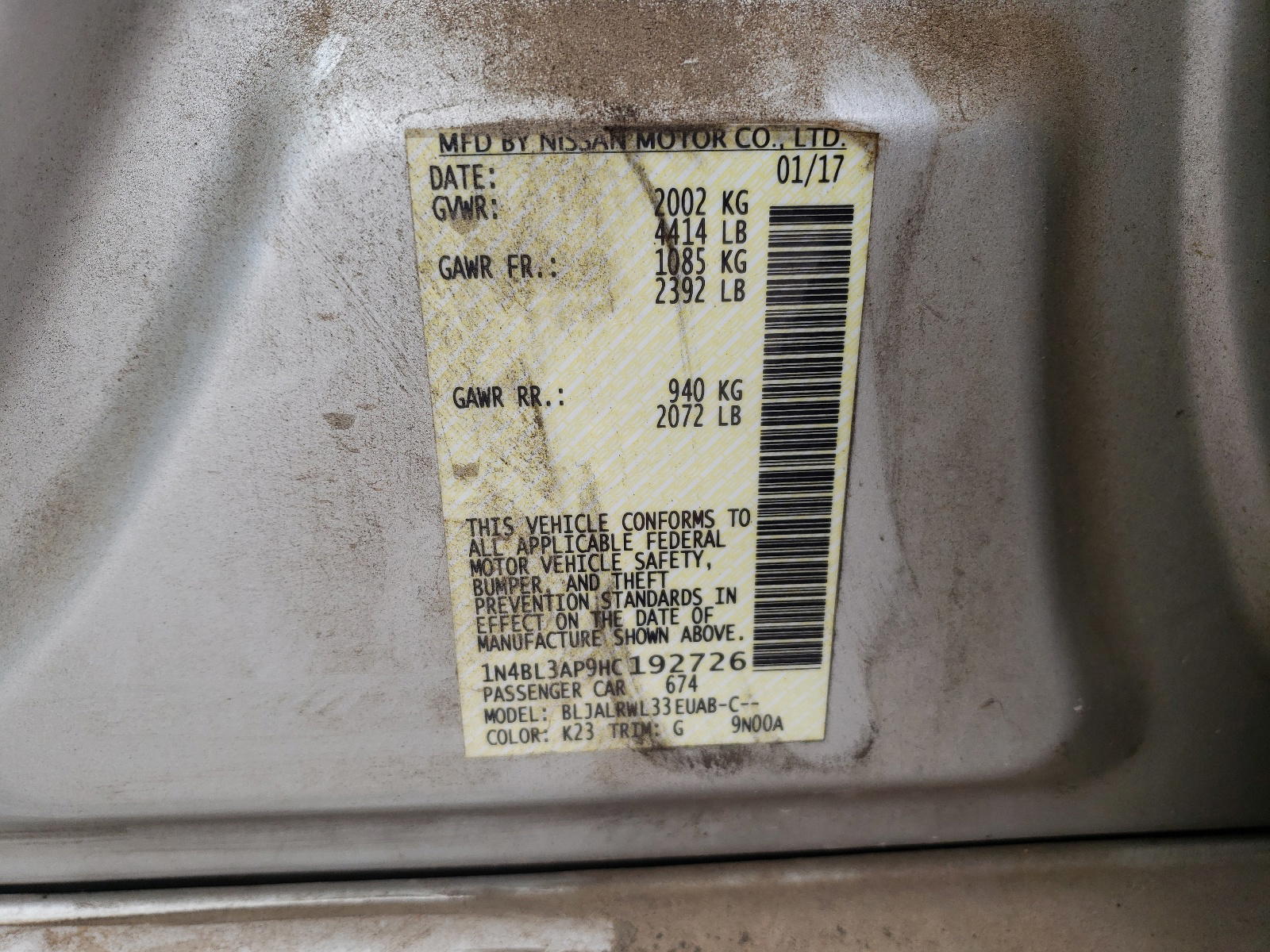 Photo 10 from auction – 2017 NISSAN ALTIMA 3.5 with VIN 1N4BL3AP9HC192726