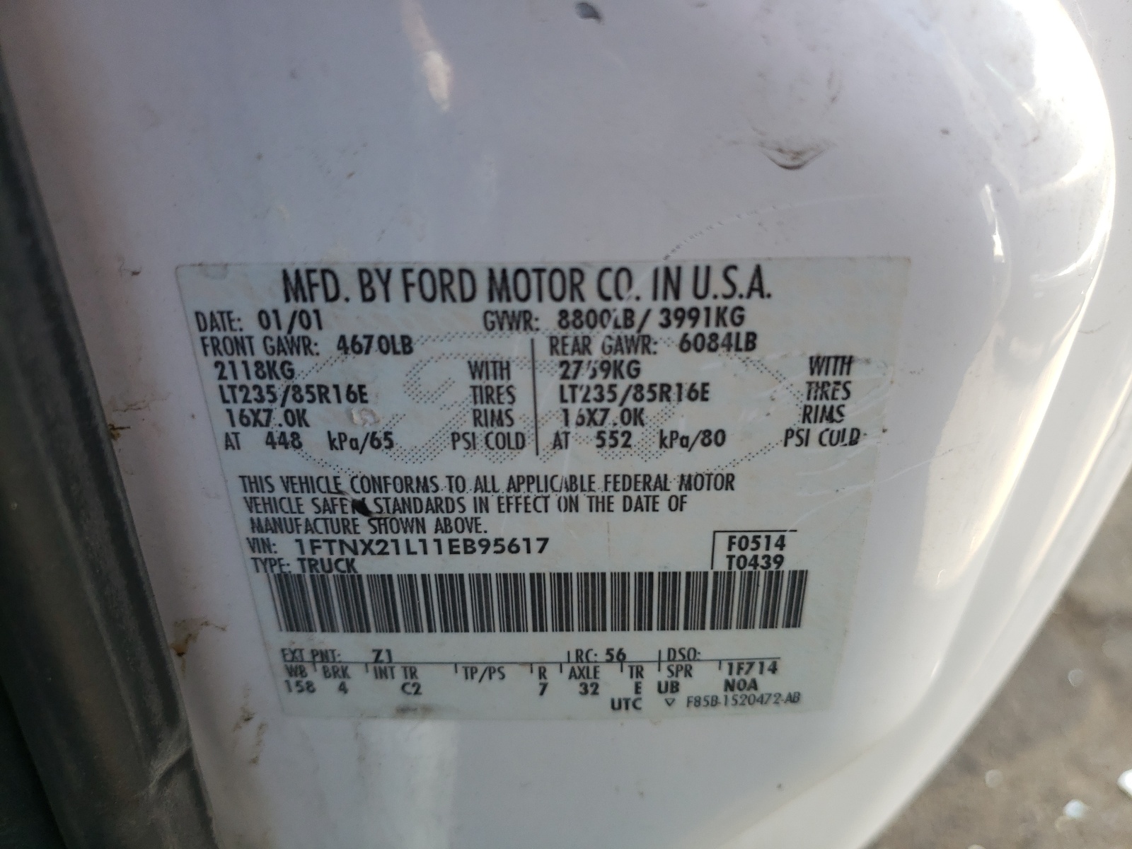 Photo 10 from auction – 2001 FORD F250 SUPER with VIN 1FTNX21L11EB95617