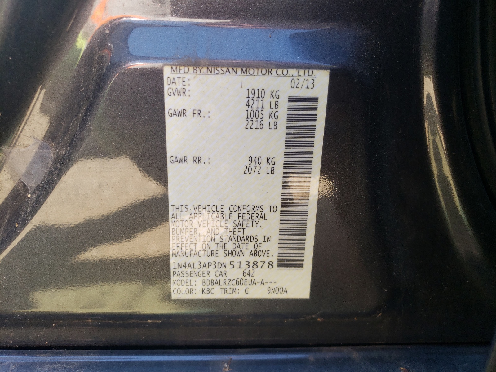 Photo 10 from auction – 2013 NISSAN ALTIMA 2.5 with VIN 1N4AL3AP3DN513878