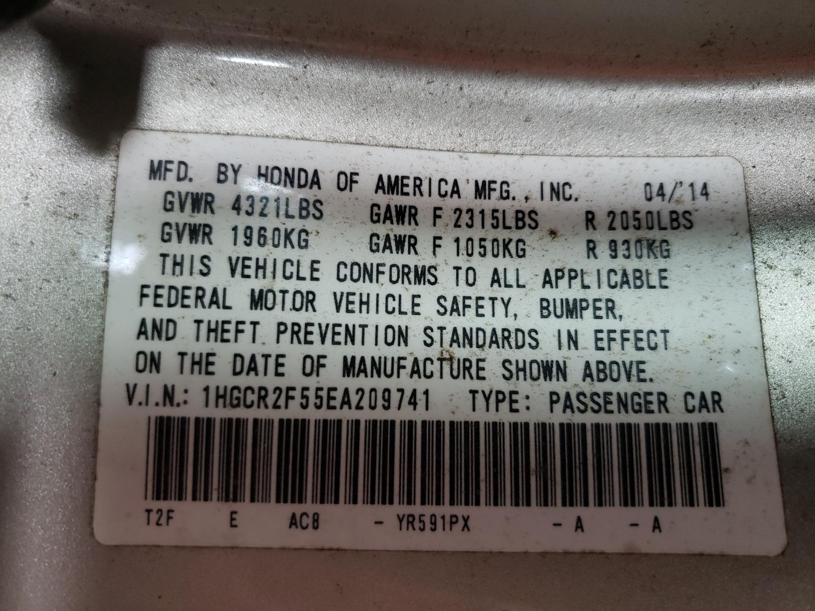 Photo 10 from auction – 2014 HONDA ACCORD SPO with VIN 1HGCR2F55EA209741