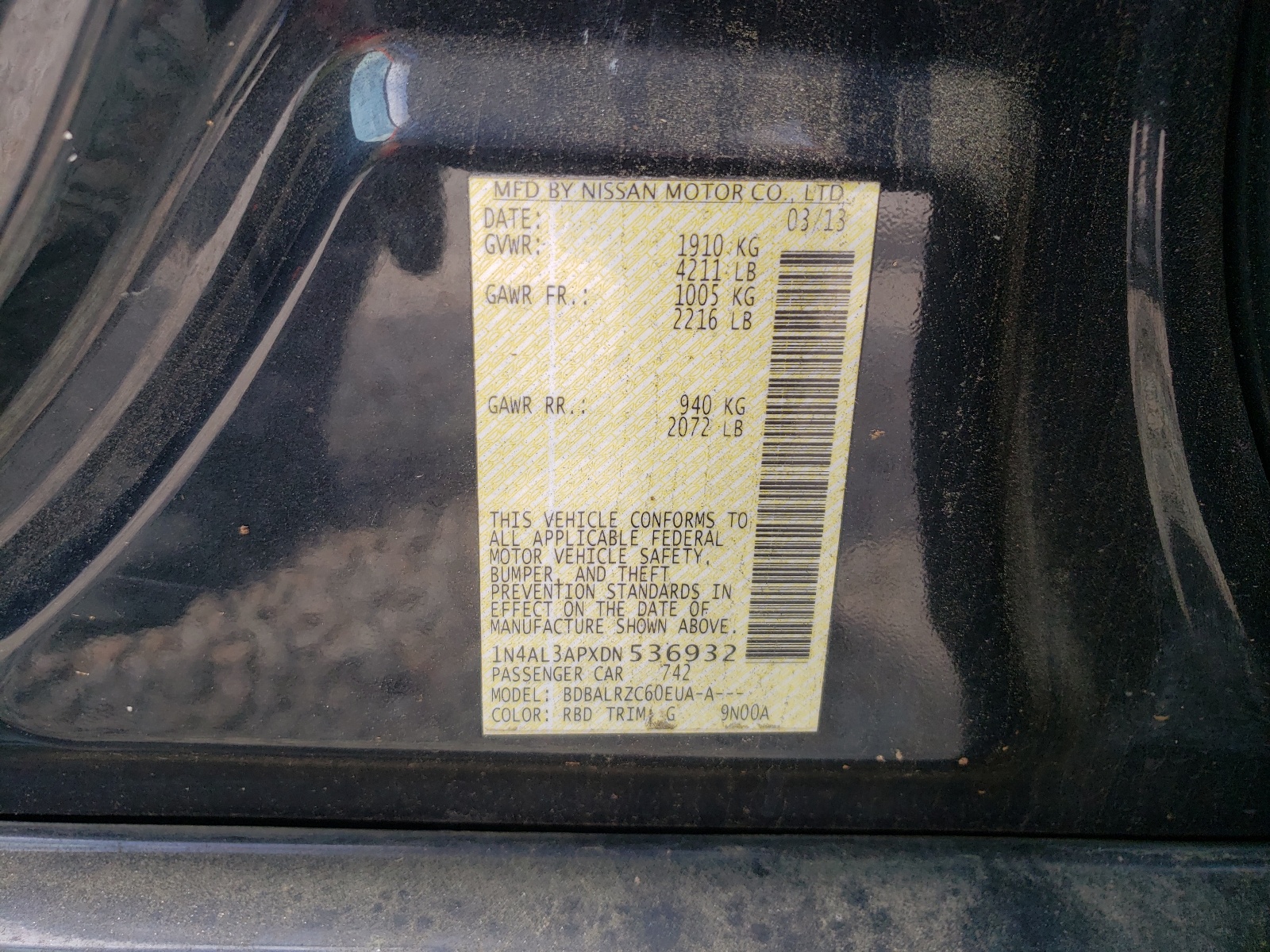 Photo 10 from auction – 2013 NISSAN ALTIMA 2.5 with VIN 1N4AL3APXDN536932
