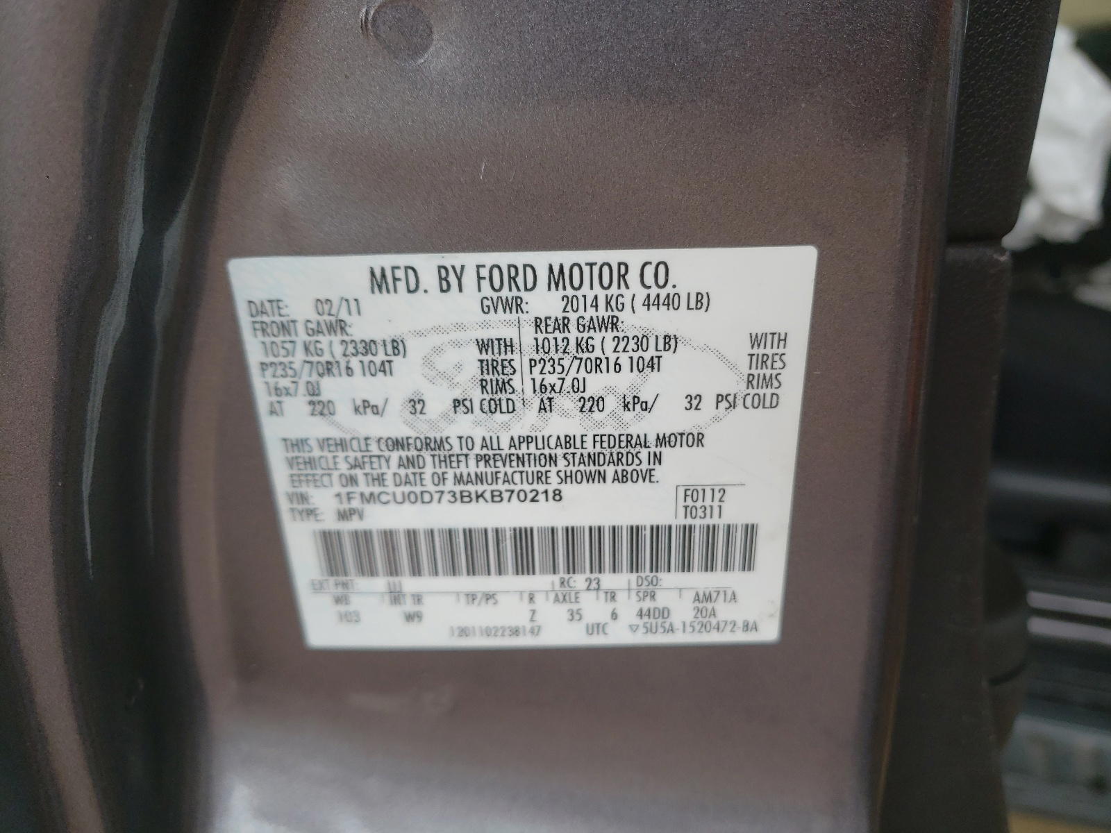 Photo 10 from auction – 2011 FORD ESCAPE XLT with VIN 1FMCU0D73BKB70218