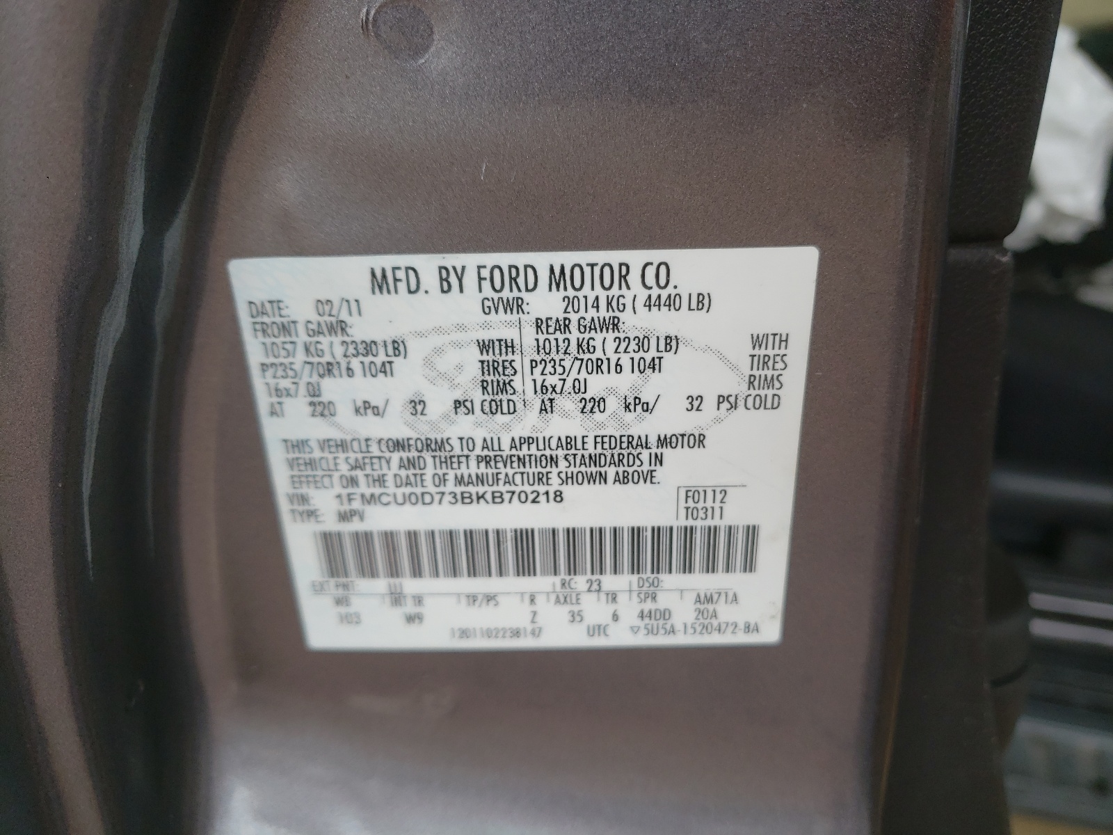 Фото 10 с аукциона – 2011 FORD ESCAPE XLT с VIN 1FMCU0D73BKB70218