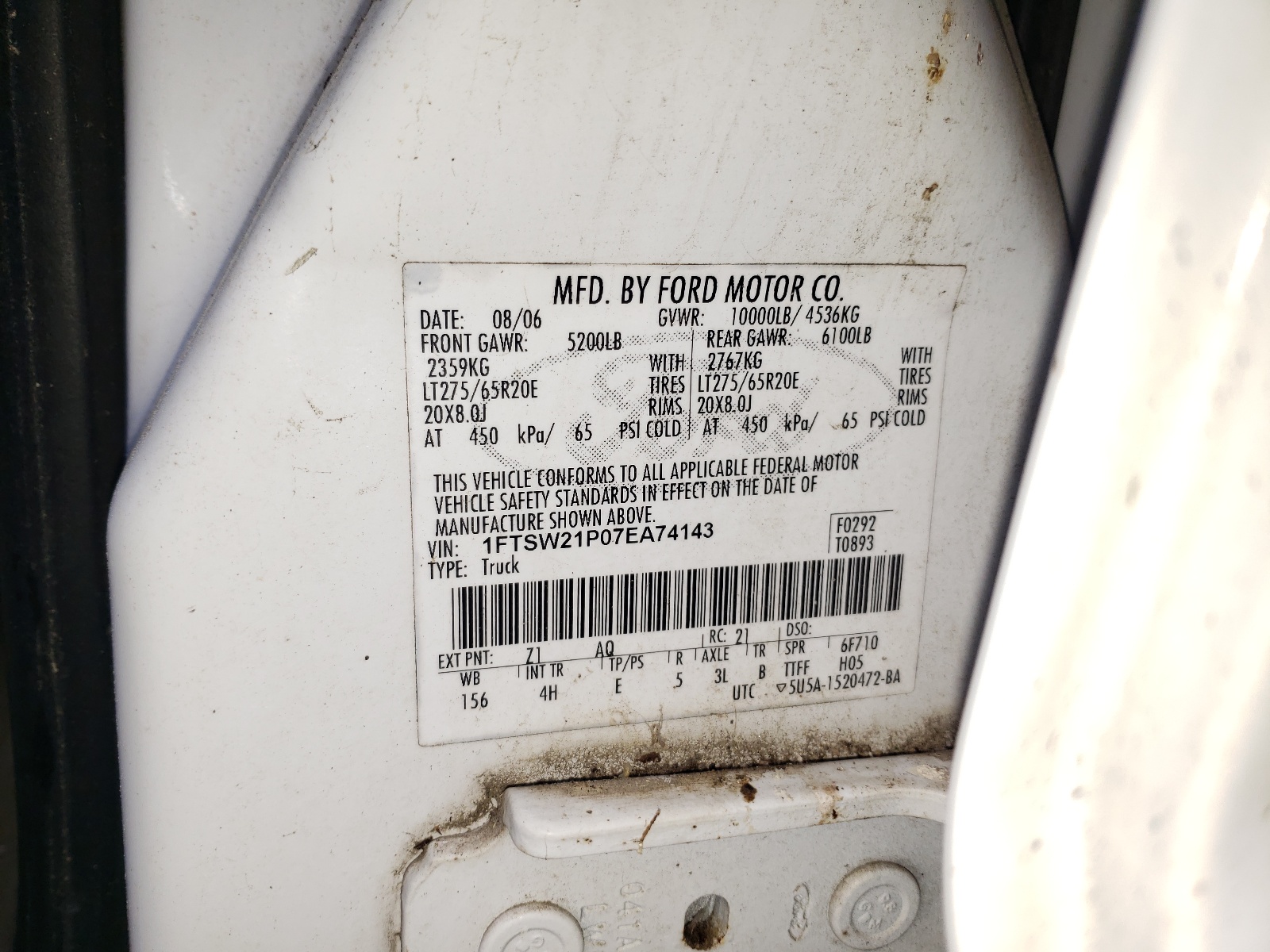 Photo 10 from auction – 2007 FORD F250 SUPER with VIN 1FTSW21P07EA74143