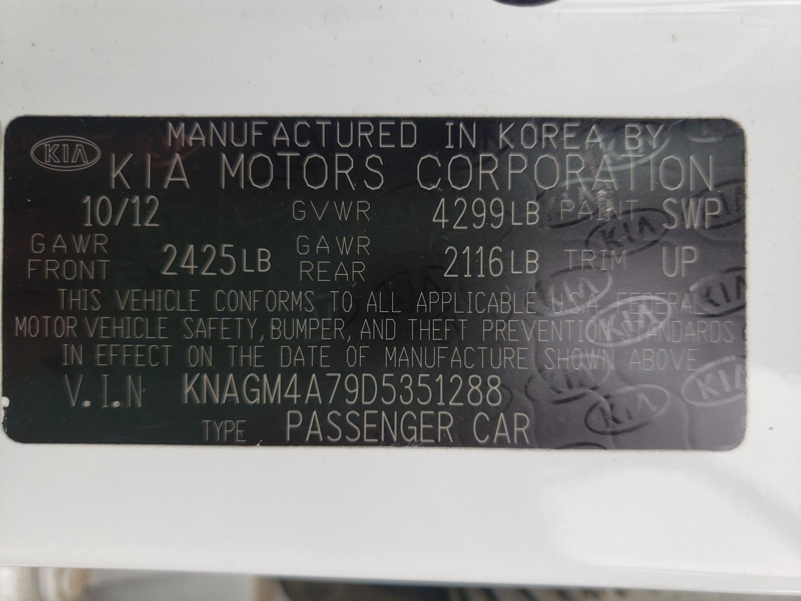 Photo 10 from auction – 2013 KIA OPTIMA LX with VIN KNAGM4A79D5351288