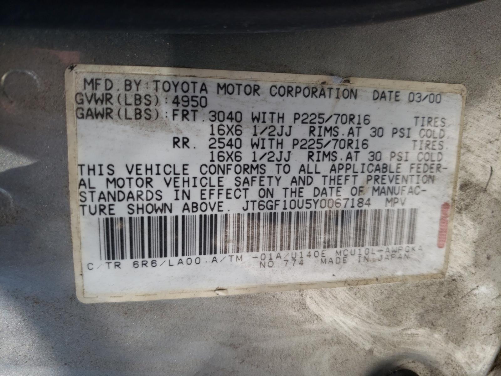 Photo 10 from auction – 2000 LEXUS RX 300 with VIN JT6GF10U5Y0067184