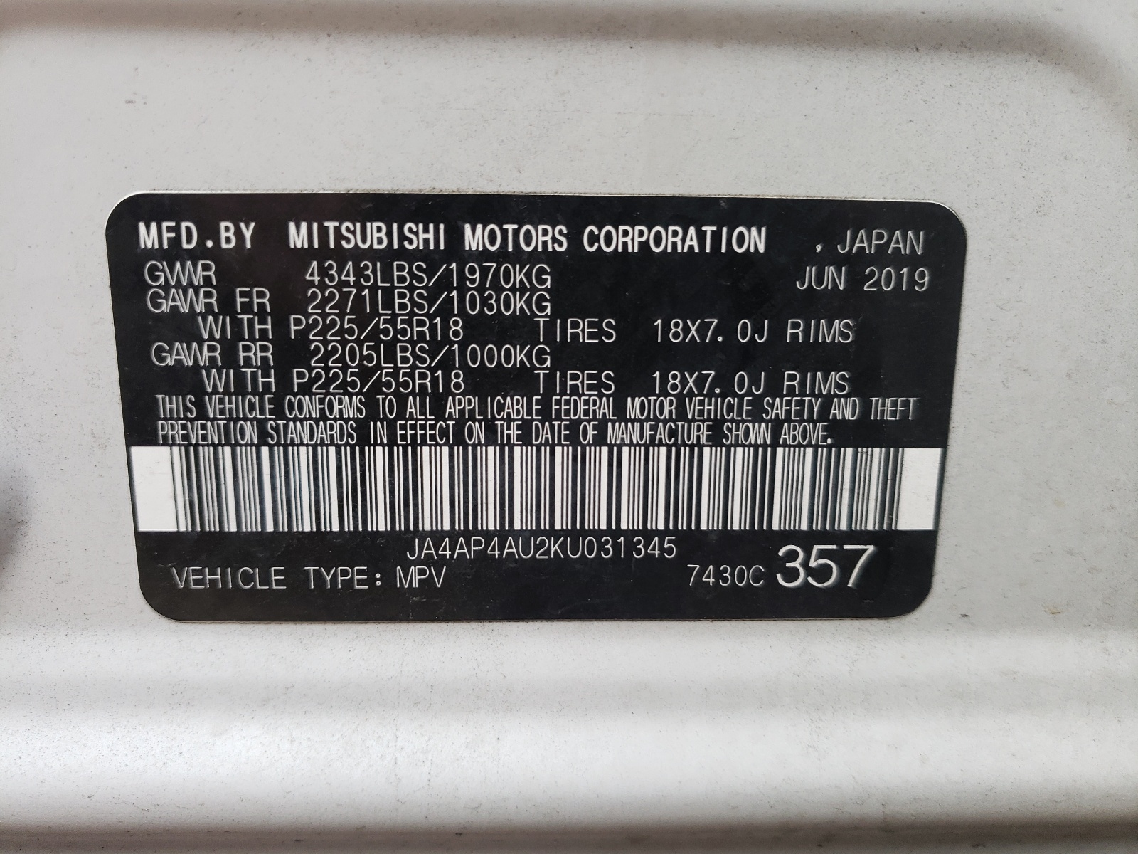 Photo 10 from auction – 2019 MITSUBISHI OUTLANDER with VIN JA4AP4AU2KU031345