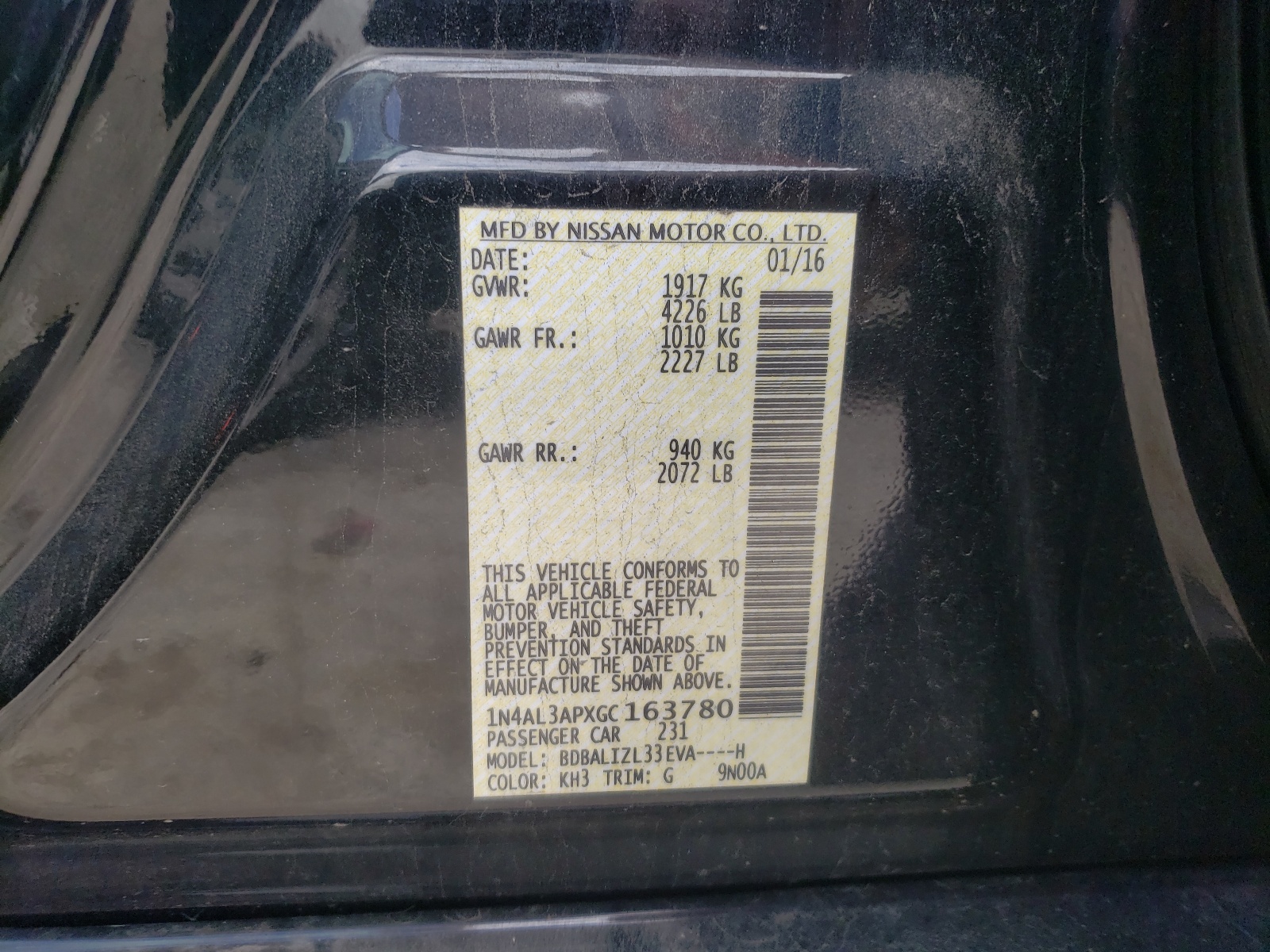 Photo 10 from auction – 2016 NISSAN ALTIMA with VIN 1N4AL3APXGC163780