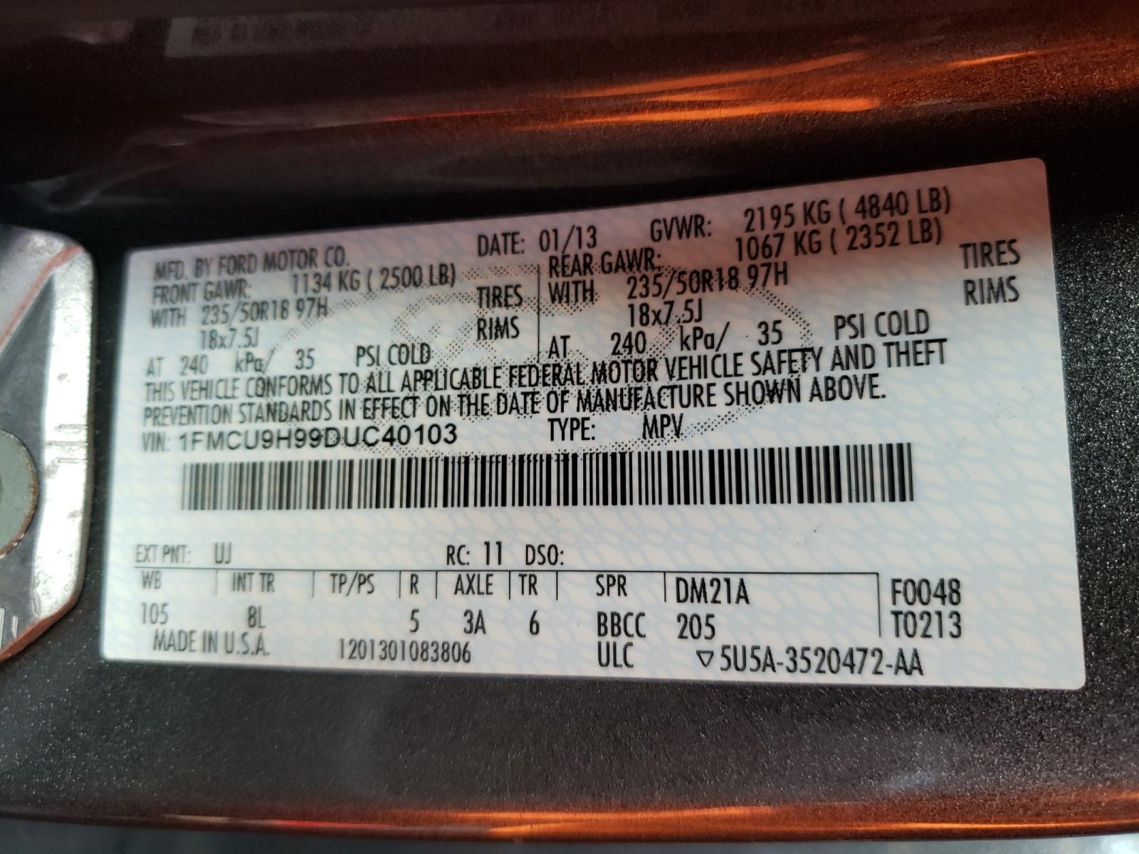 Photo 10 from auction – 2013 FORD ESCAPE SEL with VIN 1FMCU9H99DUC40103