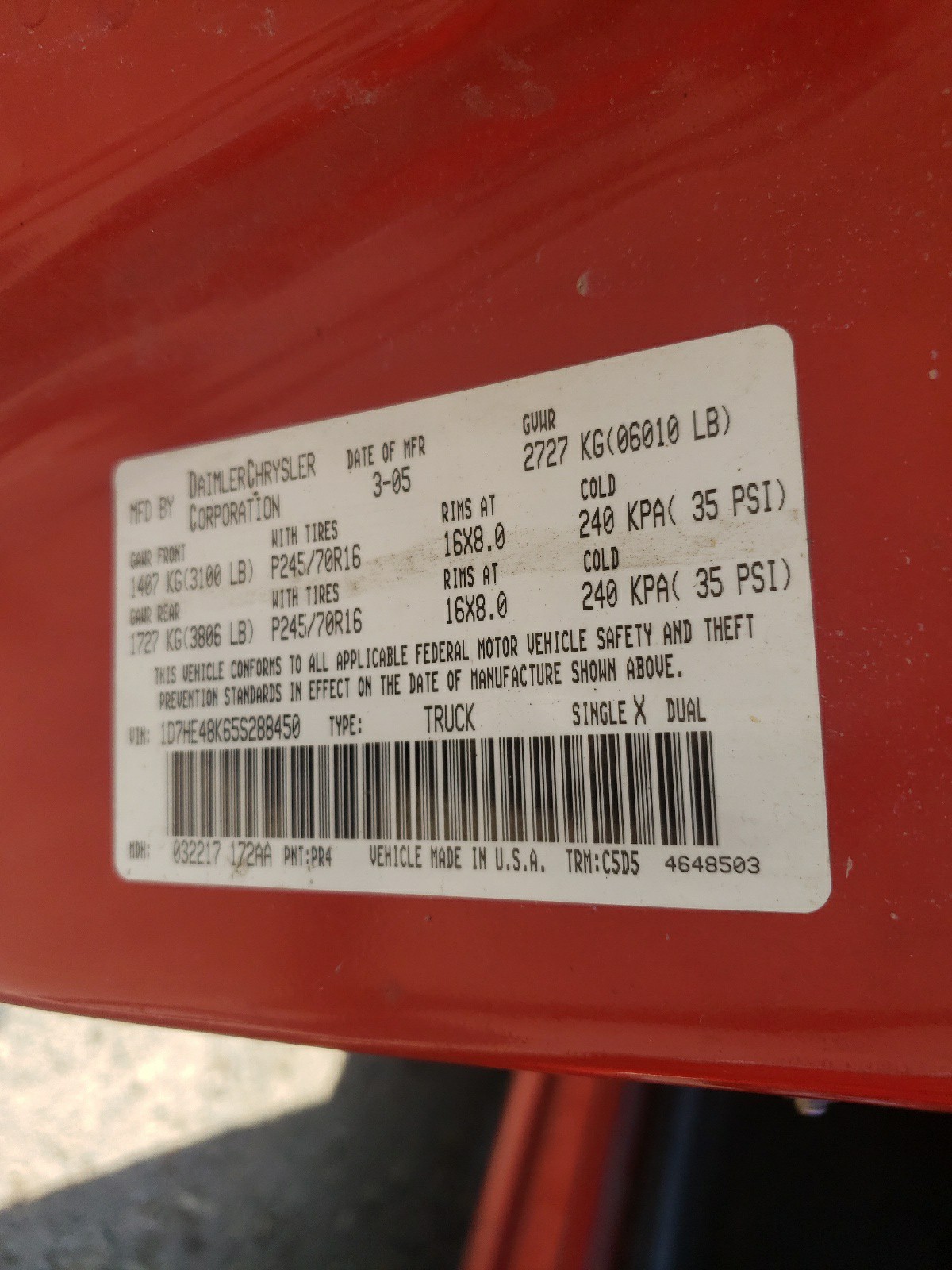 Photo 10 from auction – 2005 DODGE DAKOTA QUA with VIN 1D7HE48K65S288450