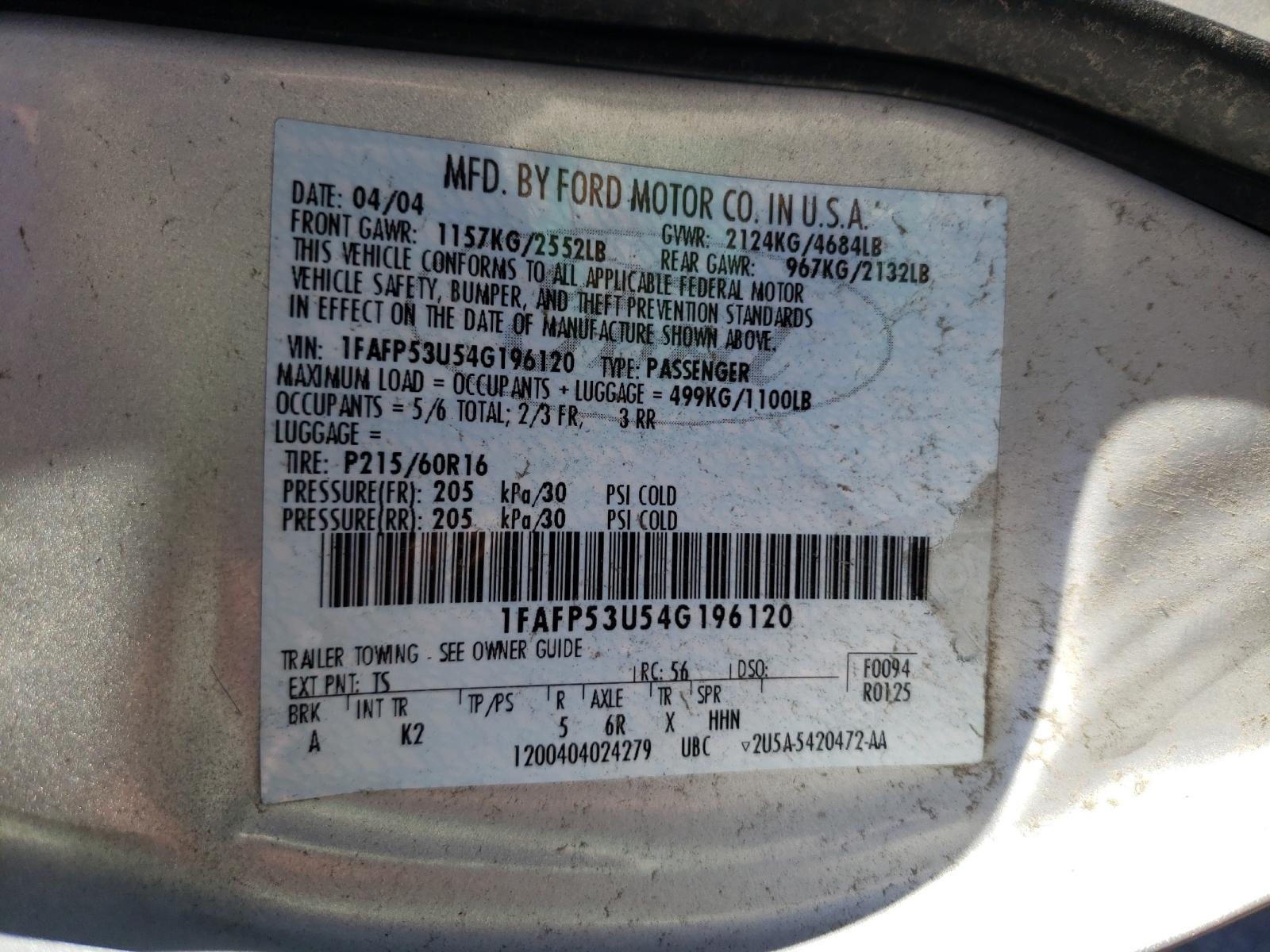 Photo 10 from auction – 2004 FORD TAURUS SE with VIN 1FAFP53U54G196120