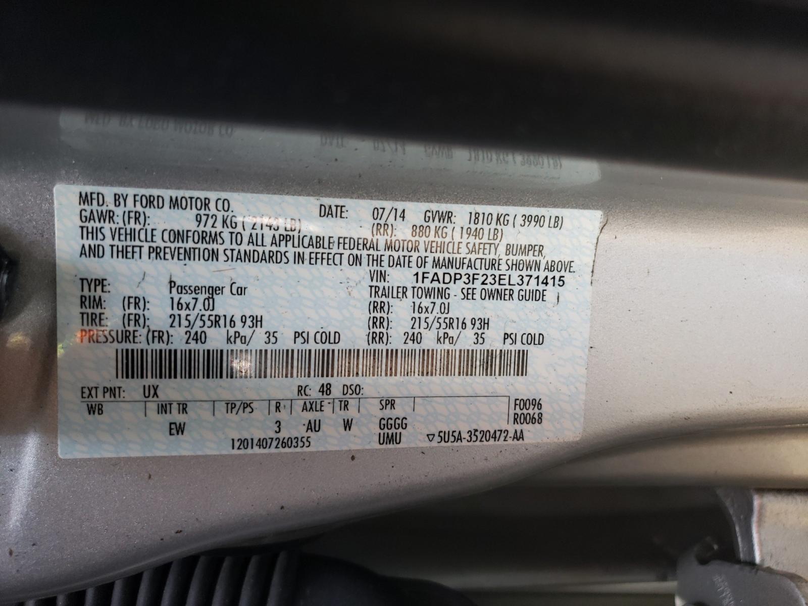 Photo 10 from auction – 2014 FORD FOCUS SE with VIN 1FADP3F23EL371415