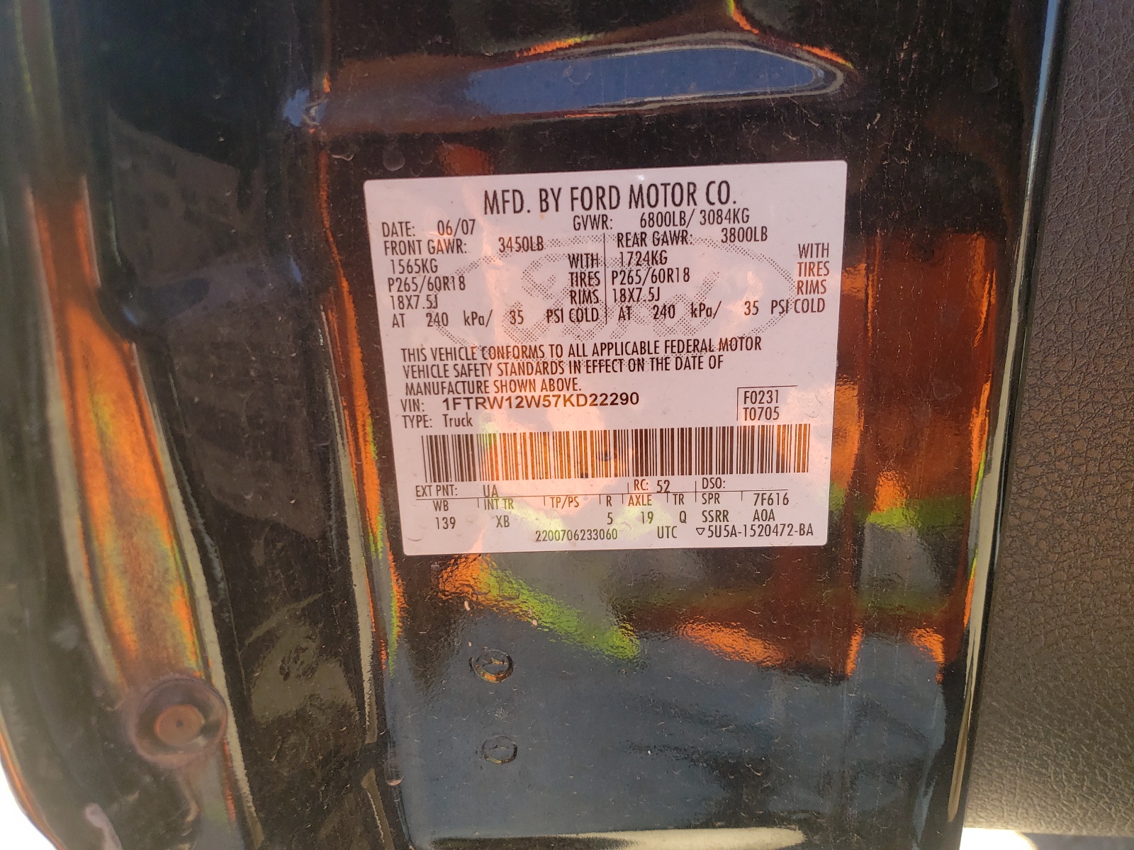 Photo 10 from auction – 2007 FORD F150 SUPER with VIN 1FTRW12W57KD22290