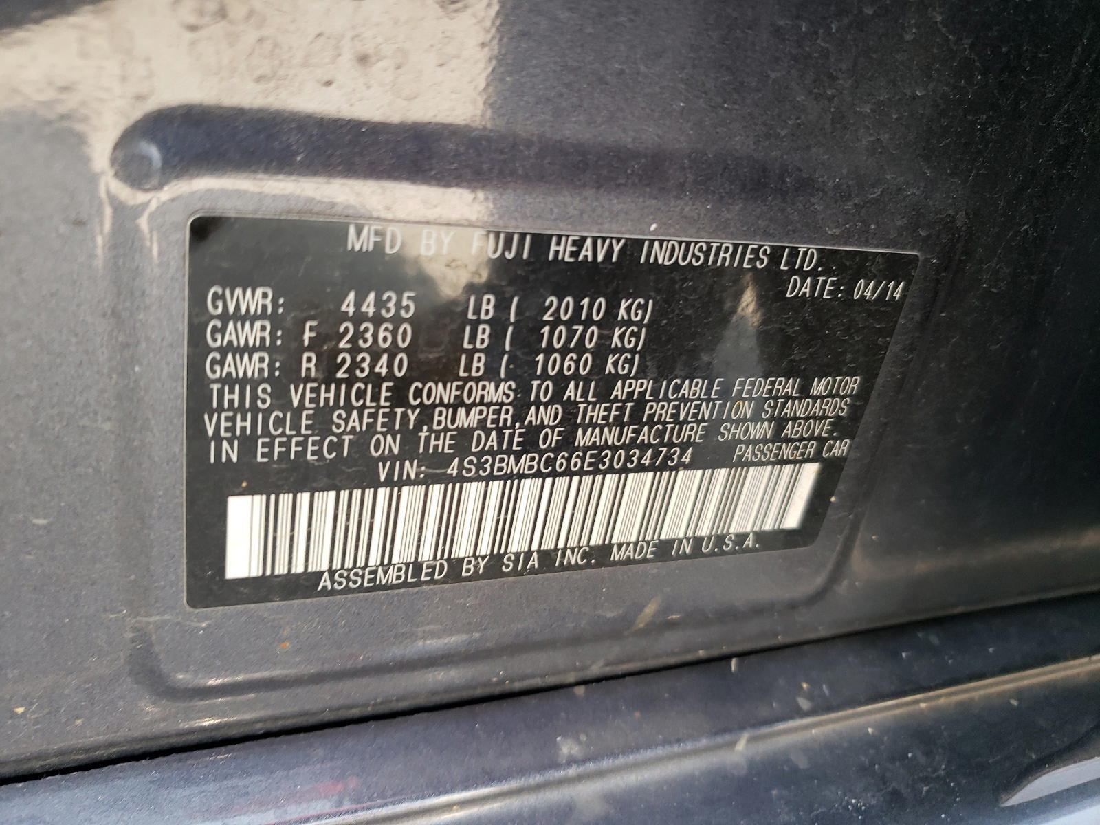 Photo 10 from auction – 2014 SUBARU LEGACY 2.5 with VIN 4S3BMBC66E3034734