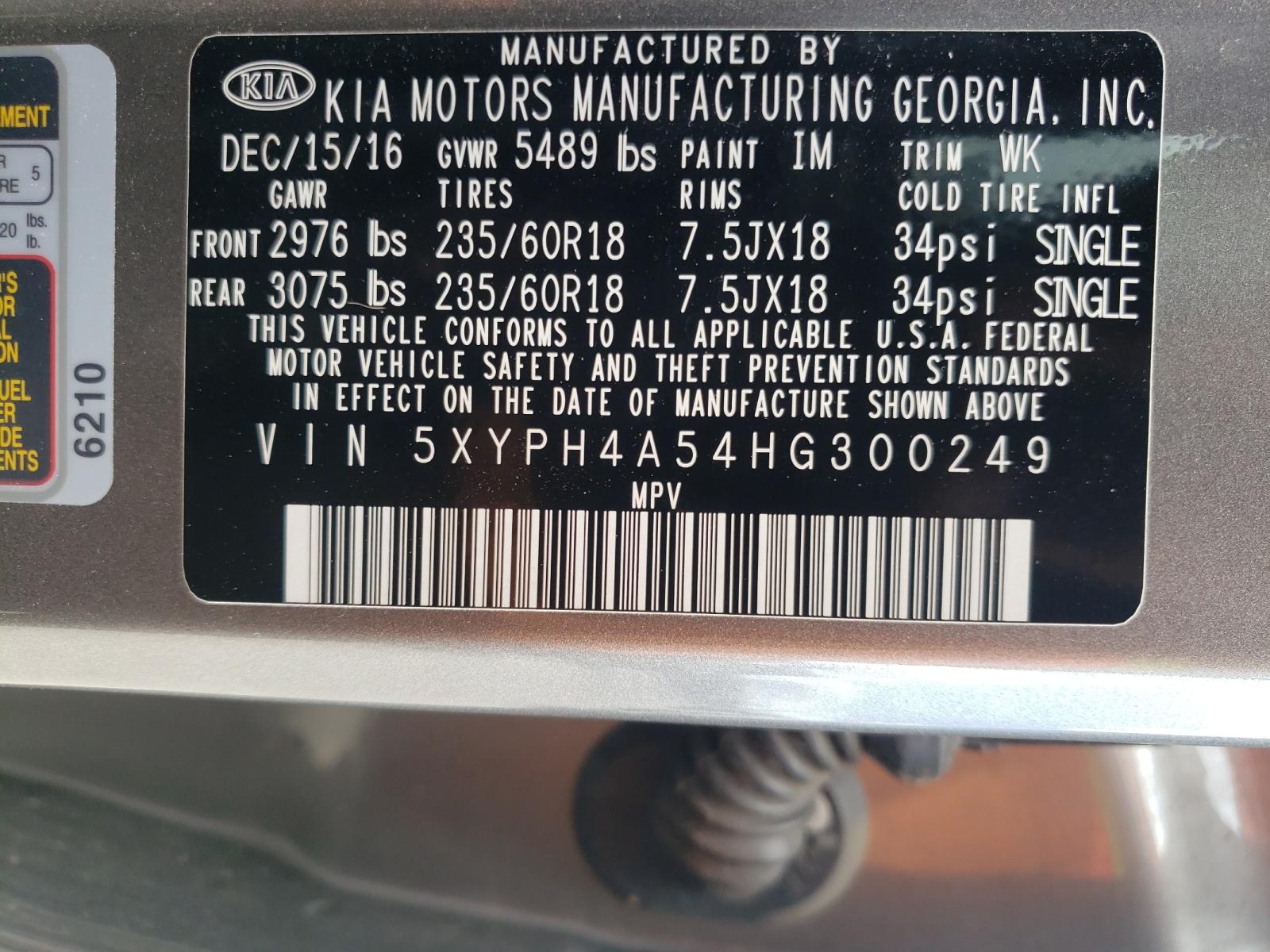 Photo 10 from auction – 2017 KIA SORENTO EX with VIN 5XYPH4A54HG300249