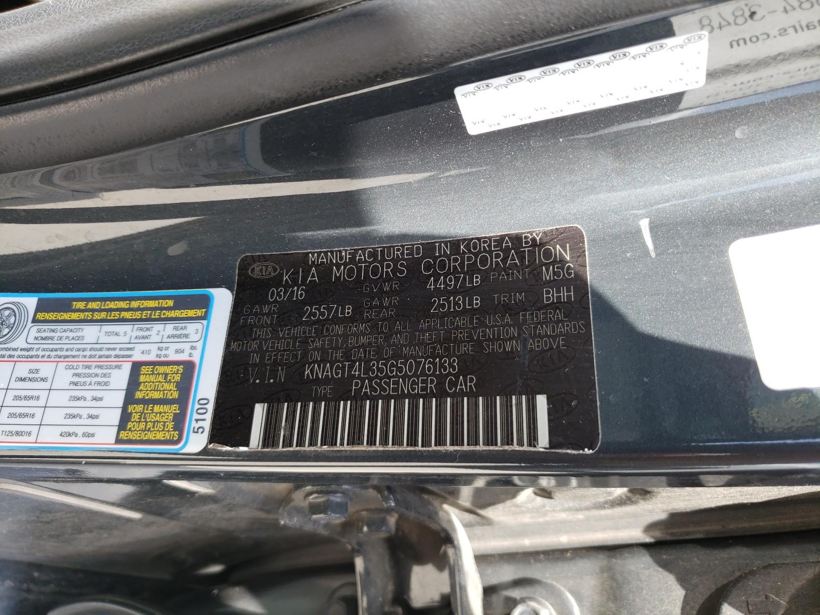 Photo 10 from auction – 2016 KIA OPTIMA LX with VIN KNAGT4L35G5076133