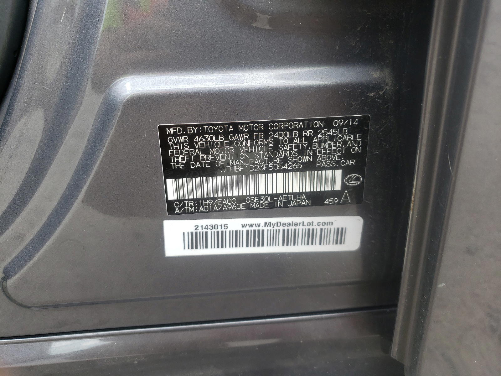 Photo 10 from auction – 2015 LEXUS IS 250 with VIN JTHBF1D23F5054265